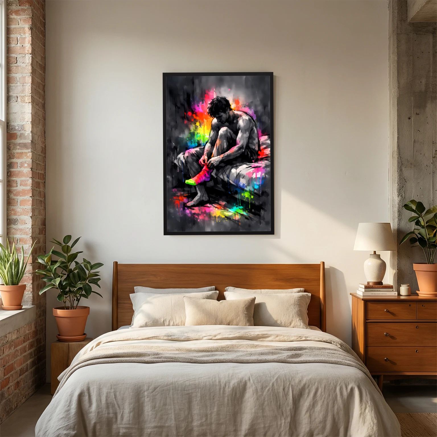 Wandbild im Hochformat: Mann zieht Socken an, abstrakte Neon-Farbexplosion, dunkler Rahmen.