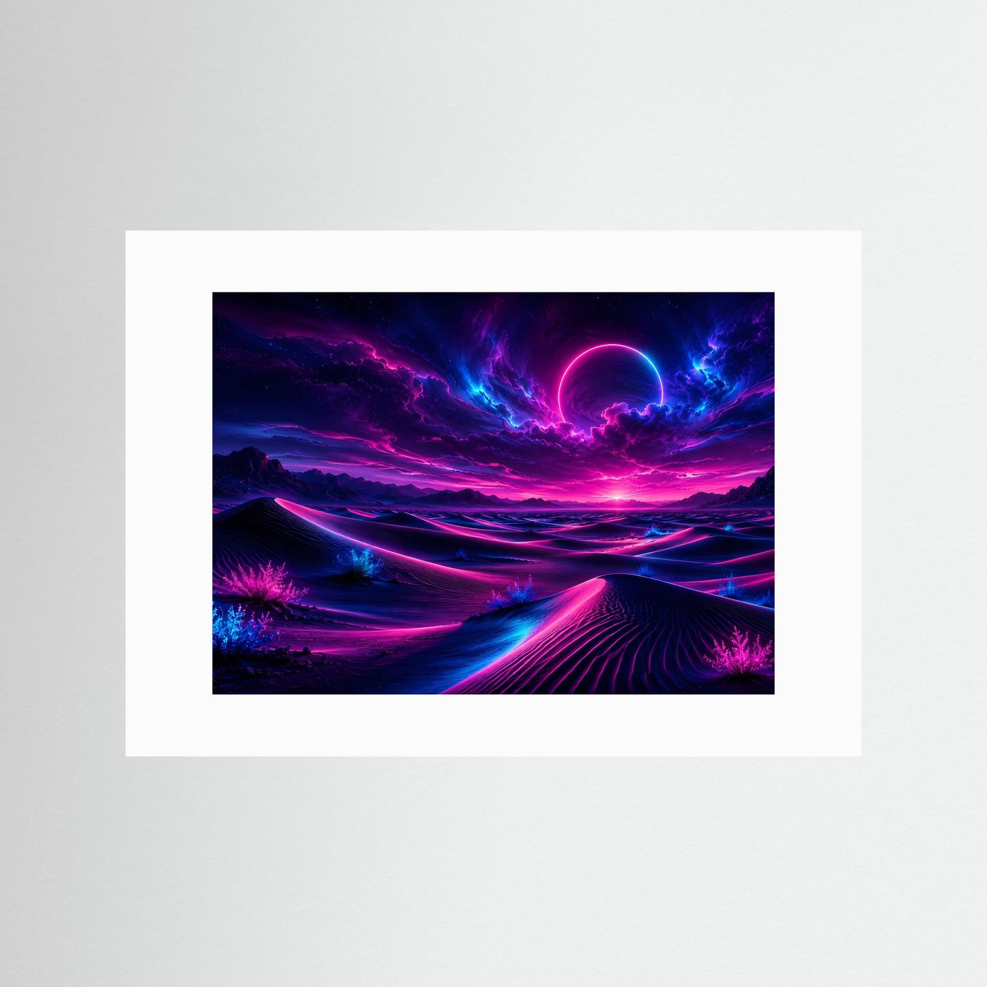 Neon Wüste Poster Querformat | Futuristische Landschaft in Pink & Blau | Cyberpunk Sci-Fi Wandbild
