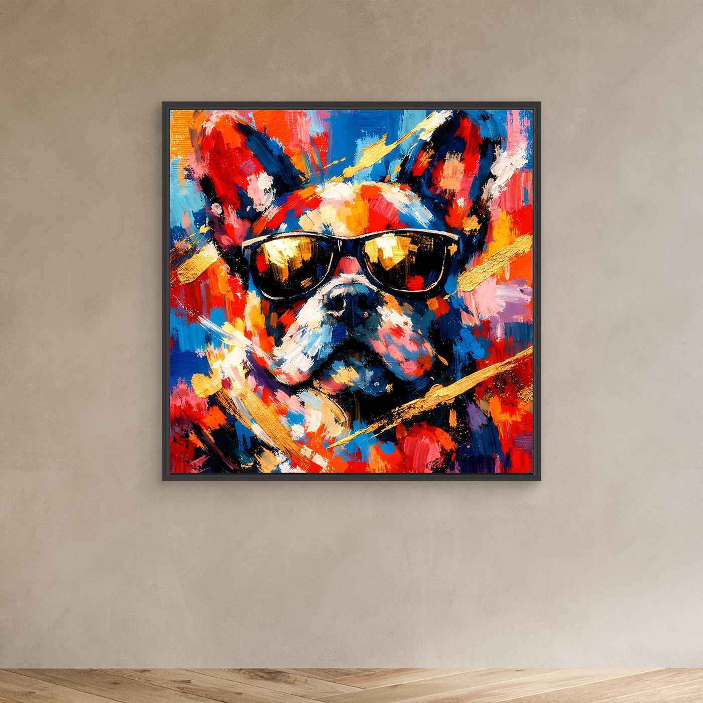 Abstraktes Leinwandbild mit schwarzem Rahmen: Französische Bulldogge mit Sonnenbrille, farbig