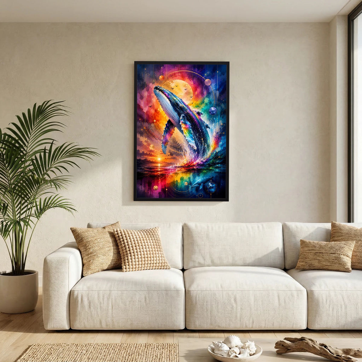Hochformat-Poster im schwarzen Rahmen: blauer Wal in Regenbogen-Galaxie über Wasser
