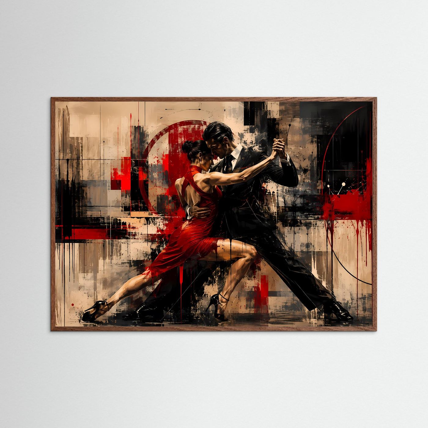 Leidenschaftliches Tango-Paar in Rot & Schwarz | Abstraktes Tanz Poster im Querformat | Modernes Wandbild