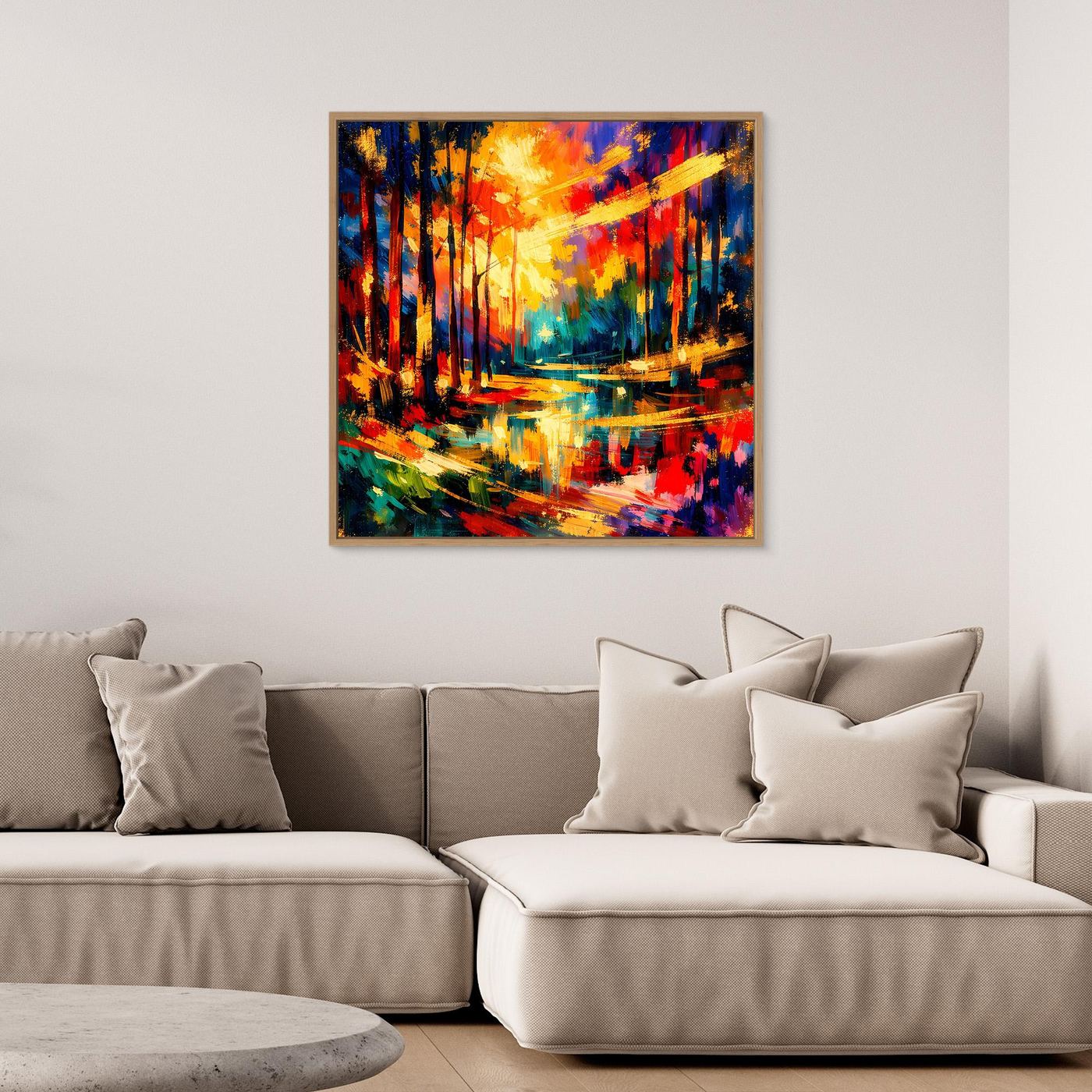 Leinwandbild Herbstwald mit Wasserfläche und Reflexion, dunkler Rahmen, kräftige Farben, quadratisch