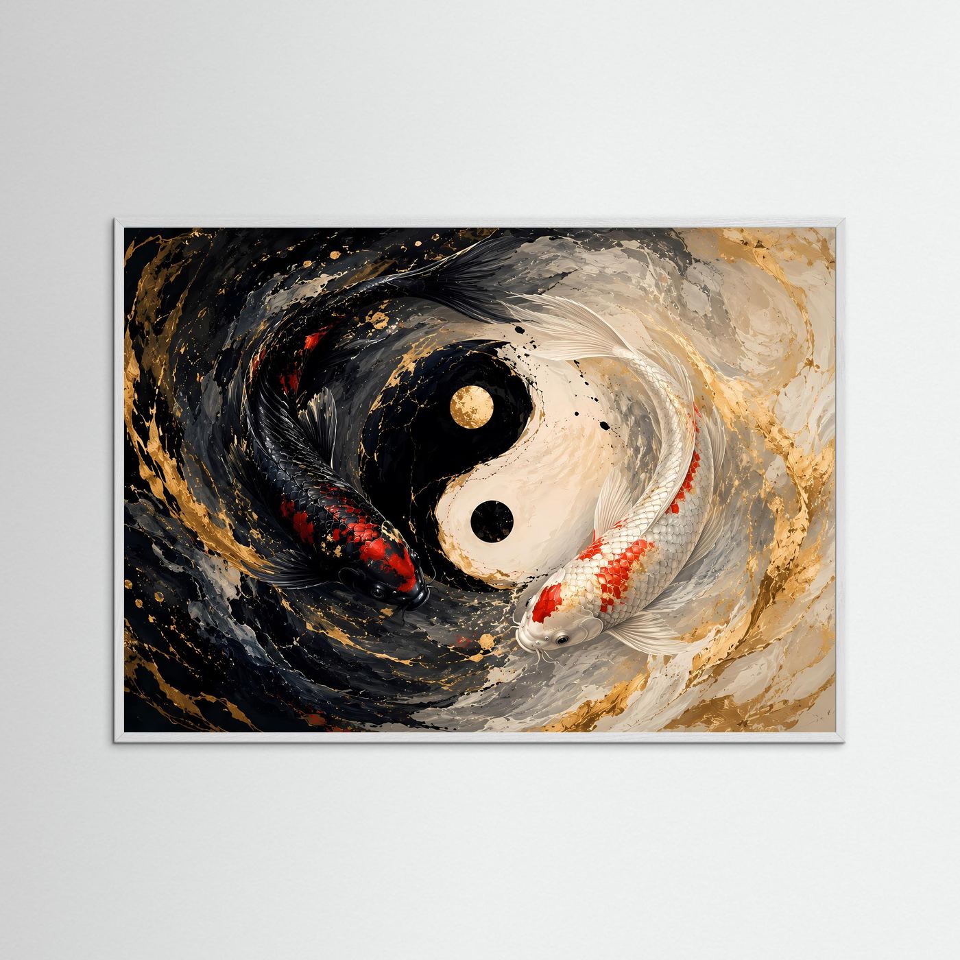 Yin Yang Koi Poster Querformat | Koi Karpfen Wandbild Schwarz Weiß Gold | Moderne Zen Kunst