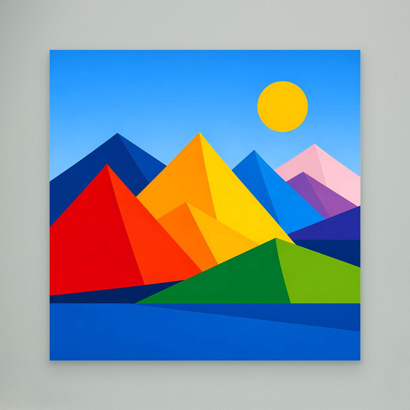 Leinwandbild mit geometrischer Berglandschaft, bunte Berge und gelbe Sonne, breiter Rand
