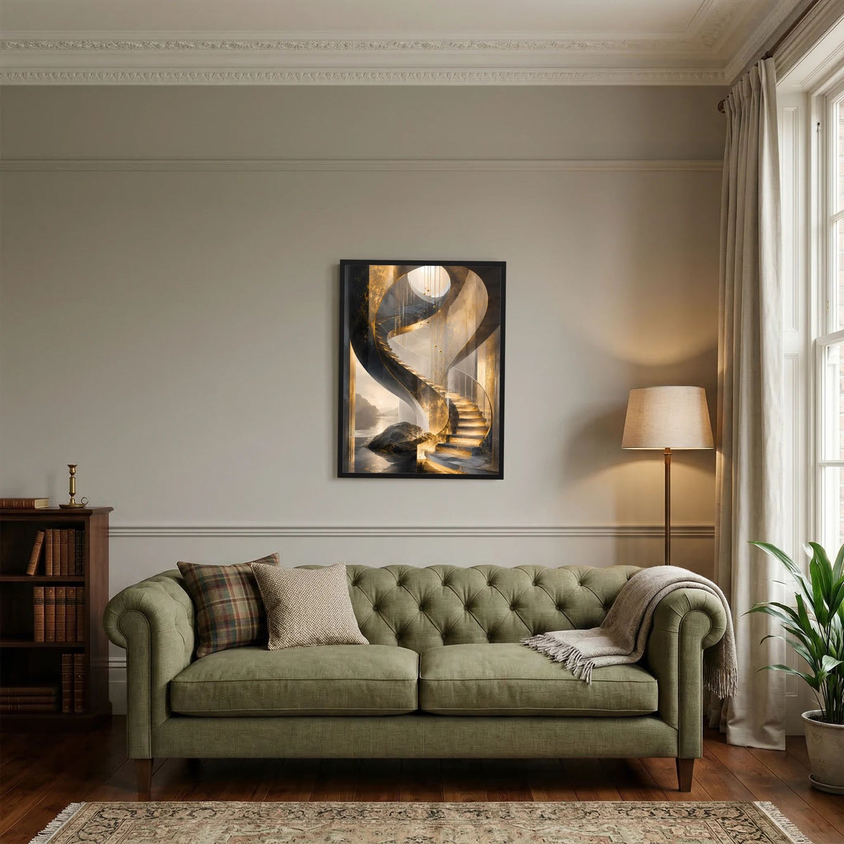 Wandposter im Hochformat: goldene Wendeltreppe in Schwarz auf schwarzem Rahmen, mittig.