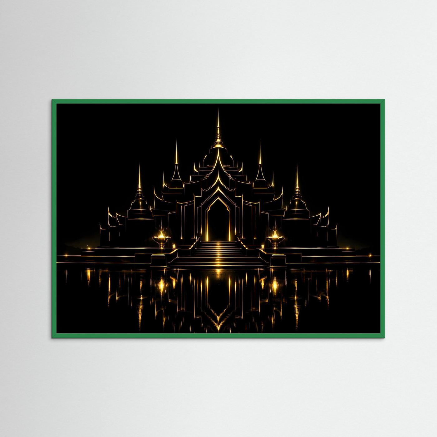 Wandbild mit gold beleuchtetem Tempel und Spiegelung auf dunklem Hintergrund, grüner Rahmen