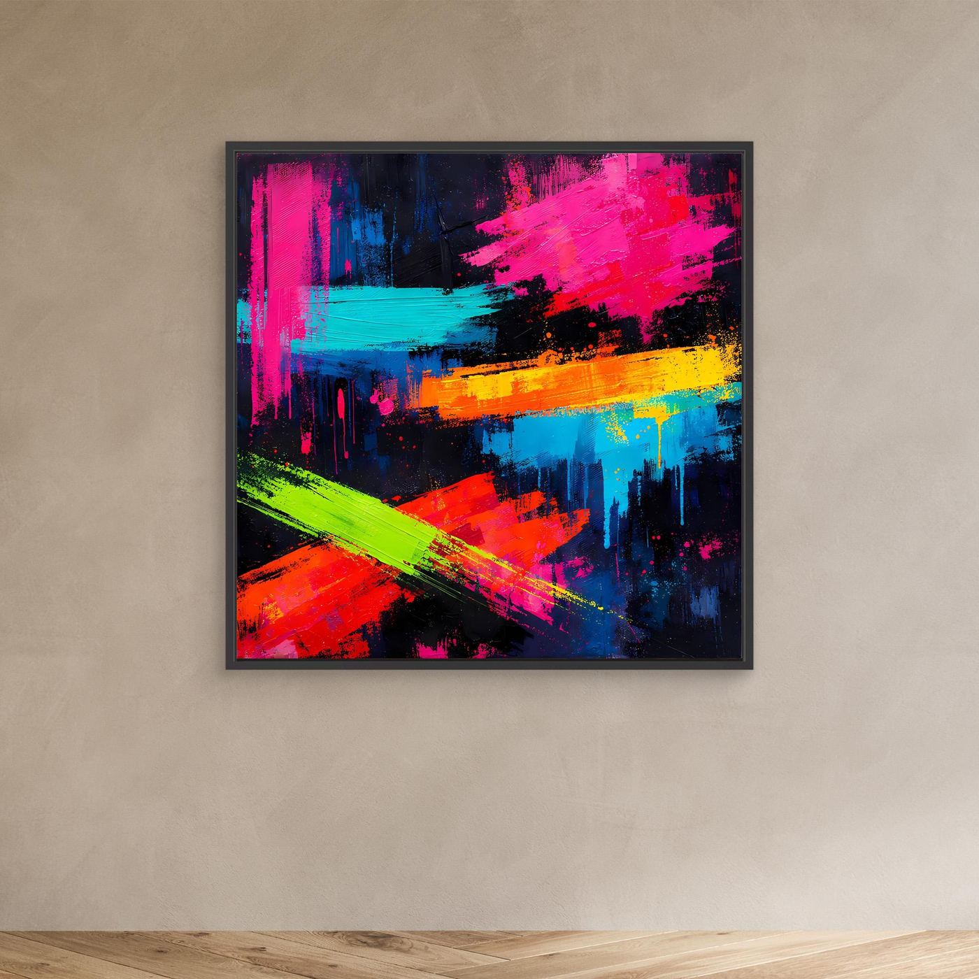 Abstraktes Leinwand-Wandbild mit Neonfarben, schwarzer Rahmen