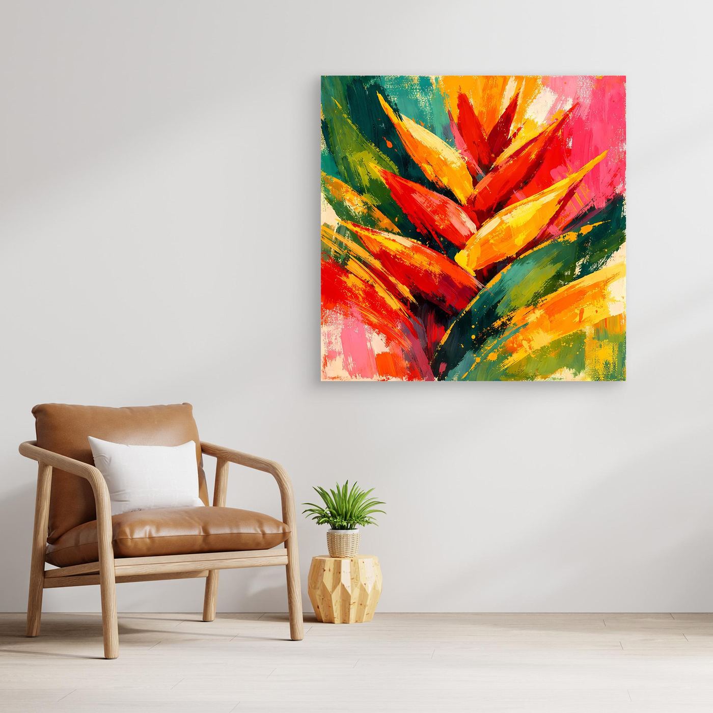 Leinwand Abstrakte Helikonie Blüte | Modernes Tropen Wandbild Bunt Exotisch