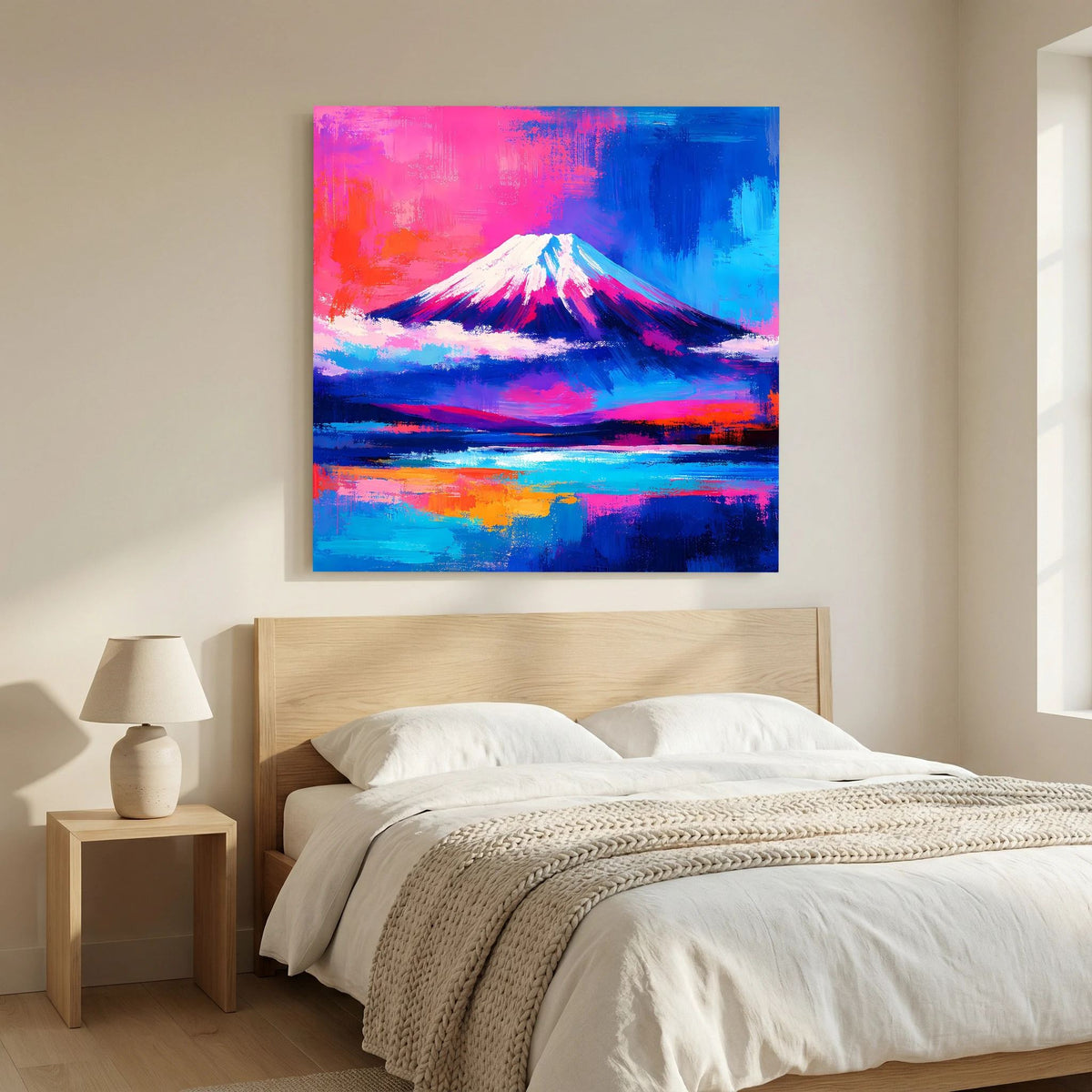 Leinwandbild über dem Bett: abstrakter Fuji mit pink-blauem Himmel und Landschaft