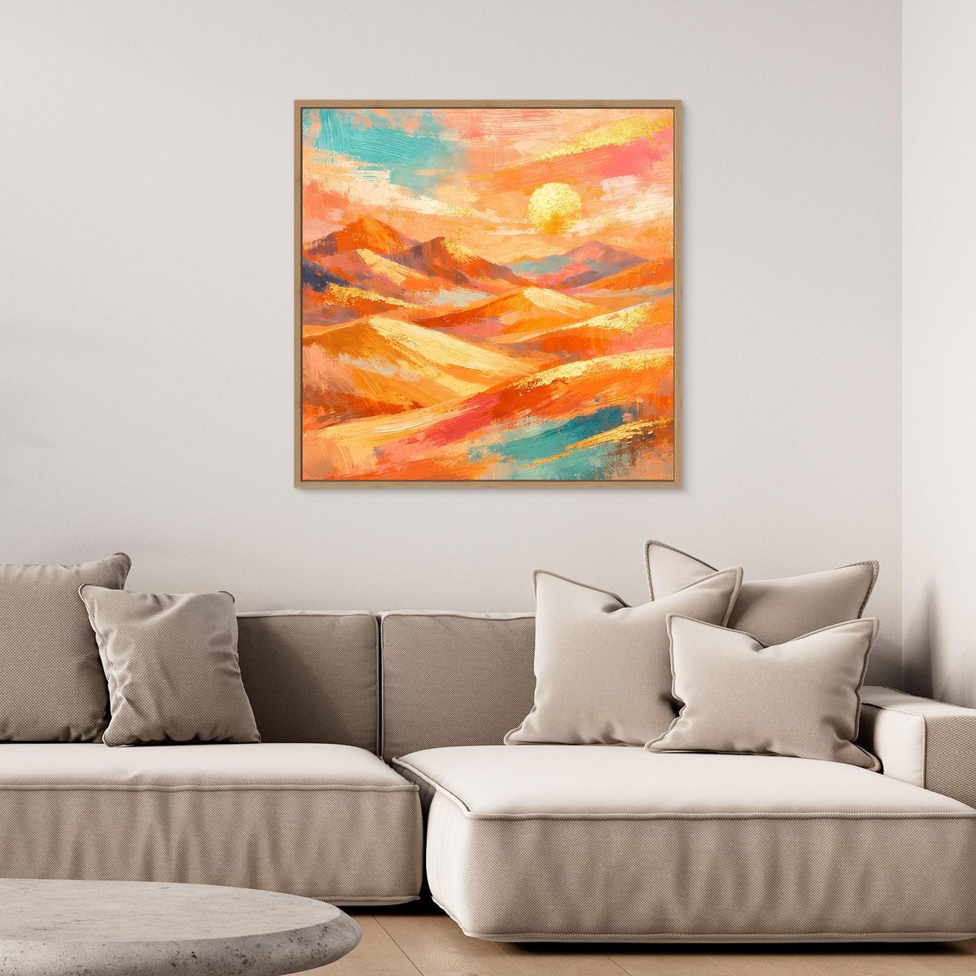 Quadratisches Leinwandbild: abstrakte Wüstenlandschaft mit Hügeln und orangefarbener Sonne