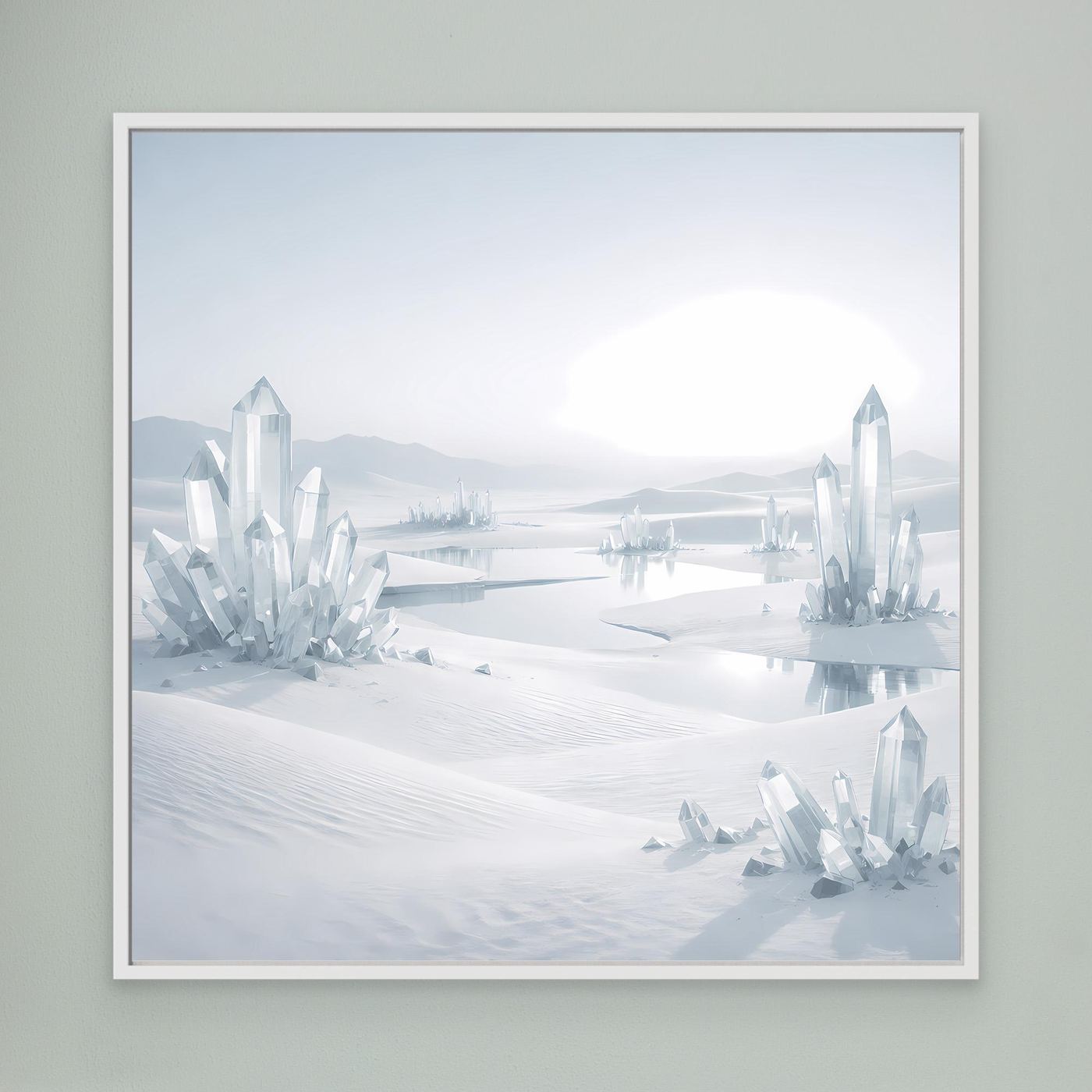 Leinwandbild mit weißem Rahmen: mystische Eisberg-Landschaft in Hellblau und Weiß.