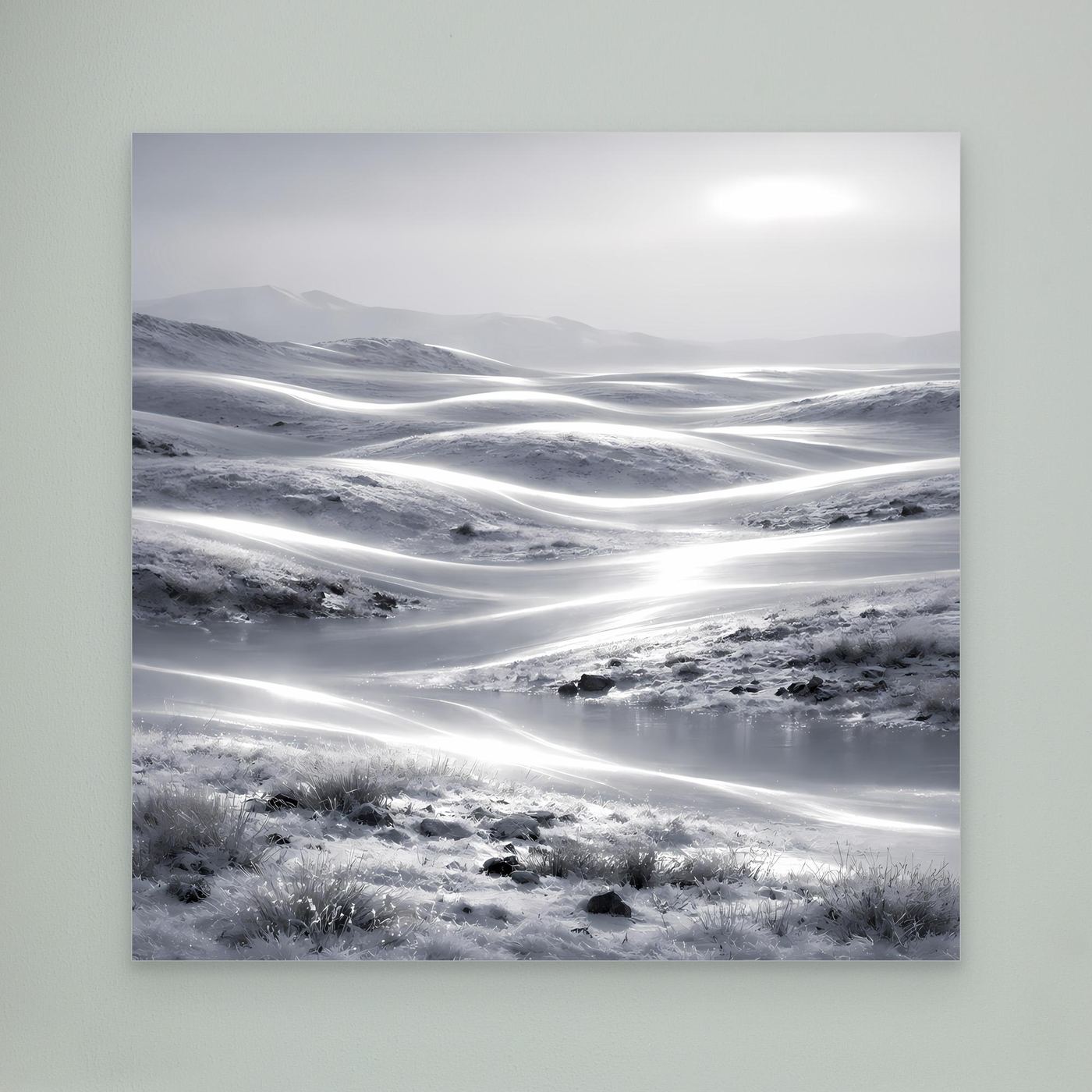 Leinwandbild Winterlandschaft ohne Rahmen, helle Schneeflächen und dunkle Büsche
