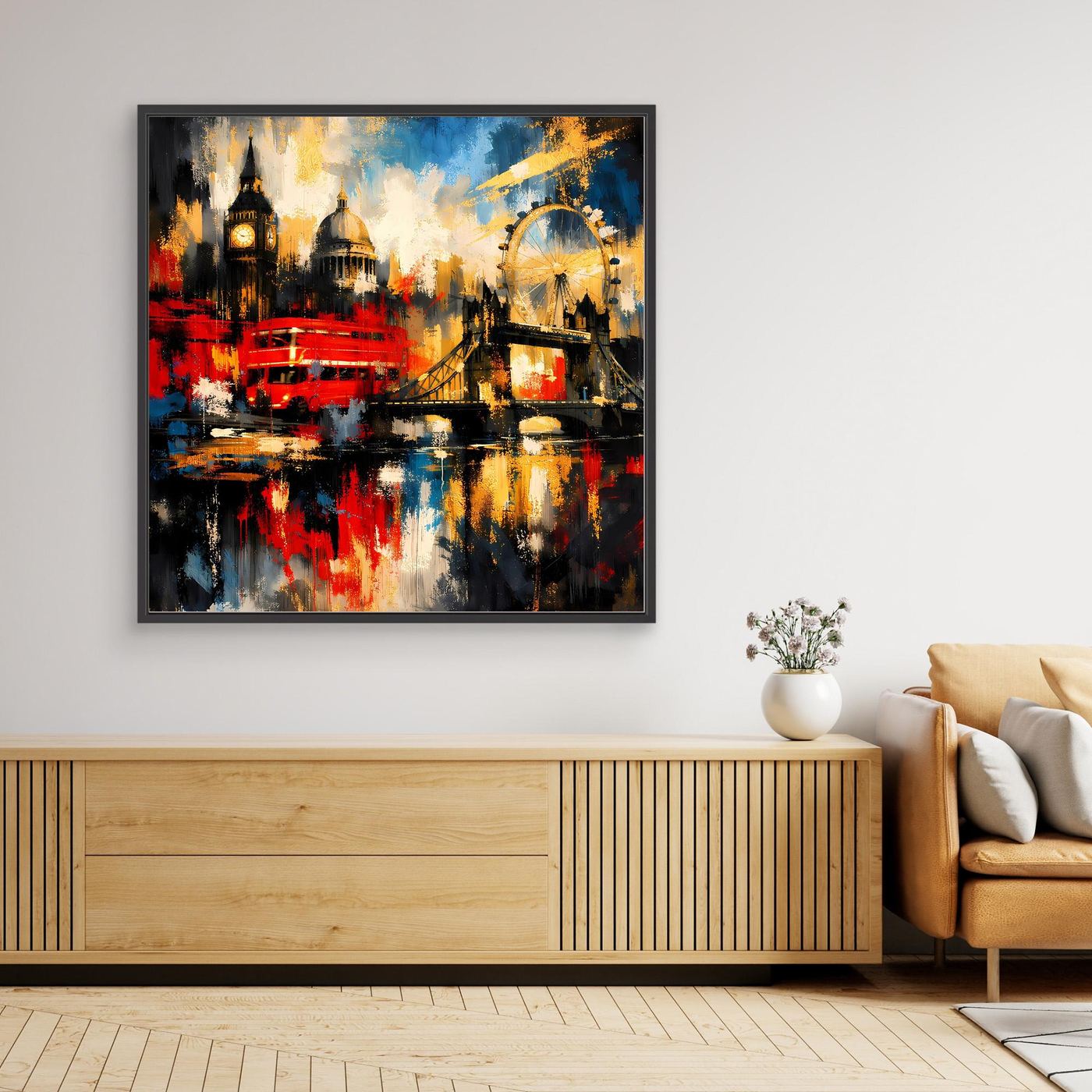Leinwandbild mit abstrakter London-Skyline, buntes Farbspektrum, schwarzer Rahmen