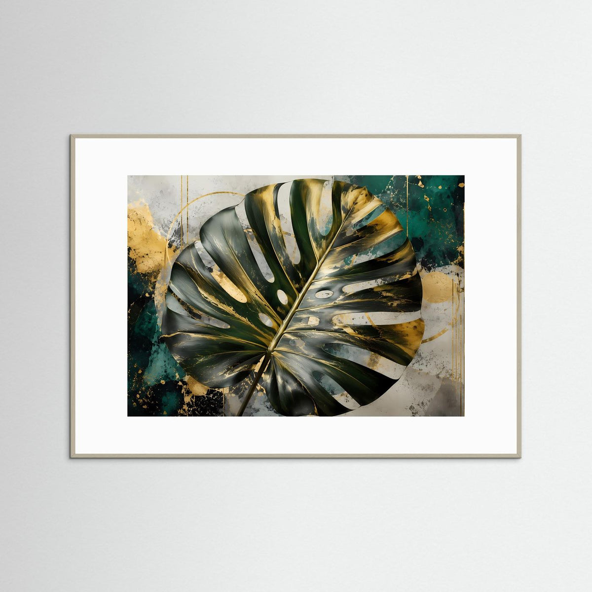 Gerahmtes Wandbild mit Monstera-Blatt in Gold- und Grün-Tönen, helles Rahmenprofil