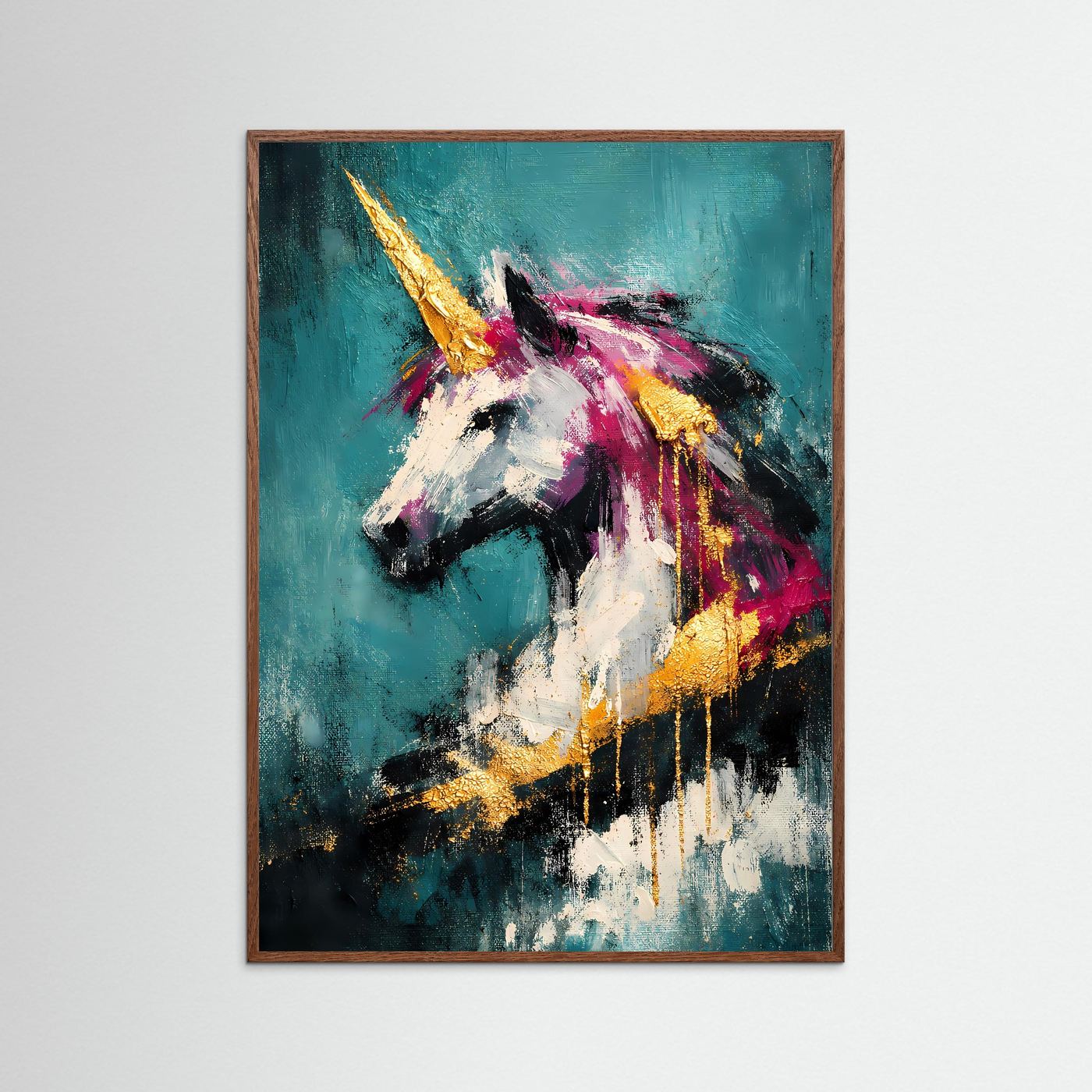 Abstraktes Einhorn-Kunstposter mit braunem Holzrahmen, türkis, magenta und gold