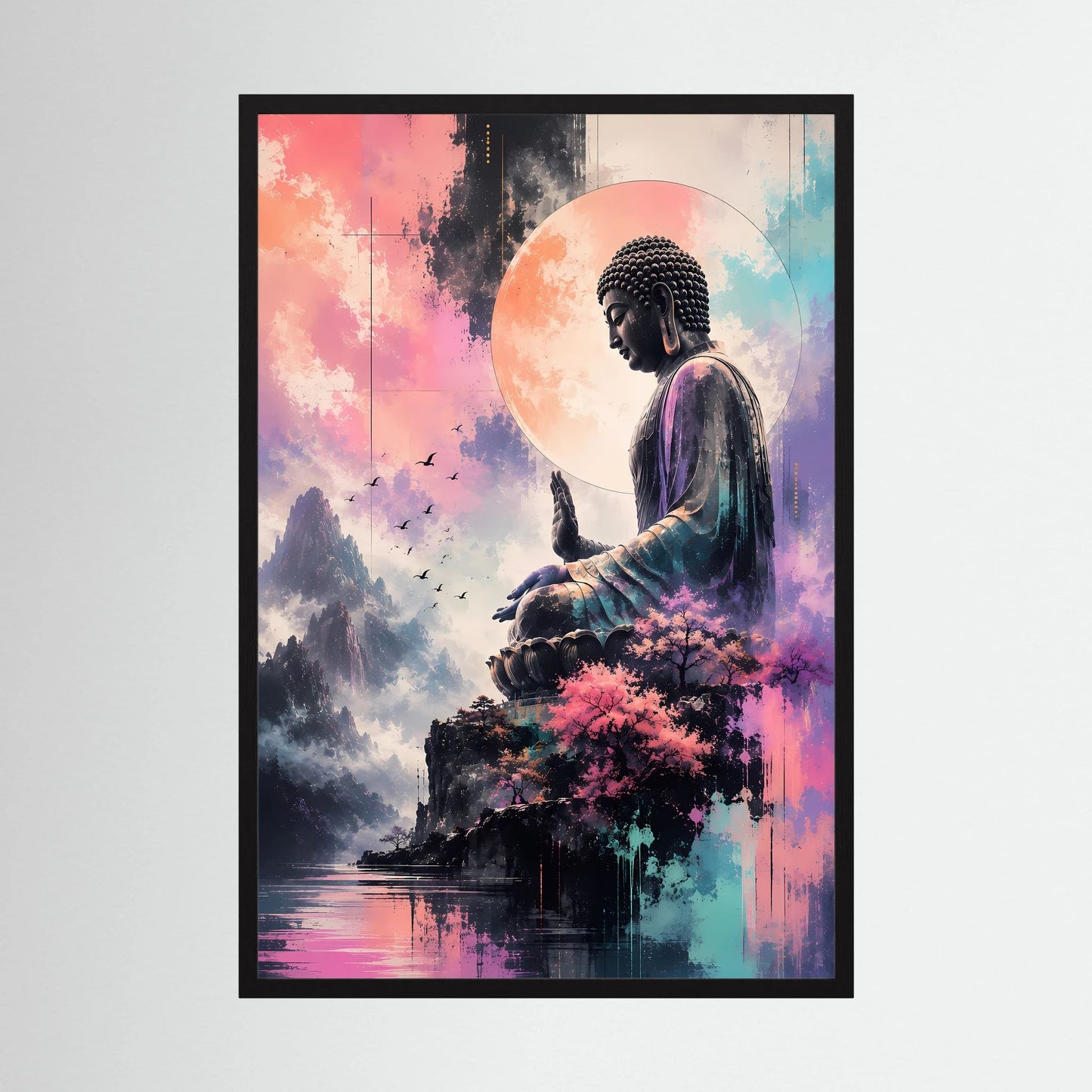 Hochformatiges Buddha-Poster mit meditierender Figur, Bergen und Kirschblüten, schwarzer Rahmen
