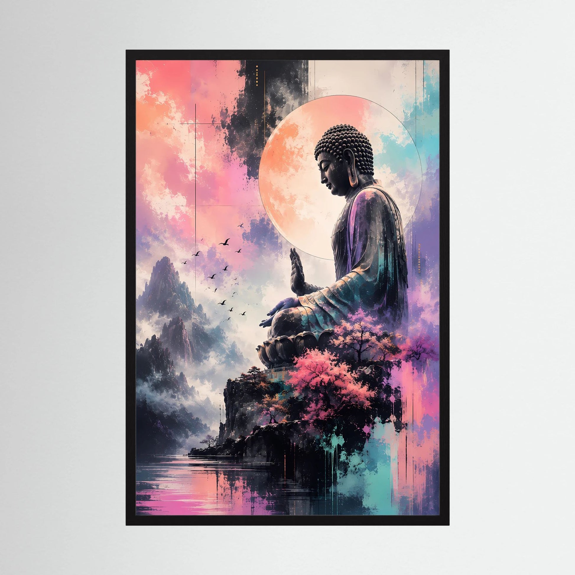 Hochformatiges Buddha-Poster mit meditierender Figur, Bergen und Kirschblüten, schwarzer Rahmen