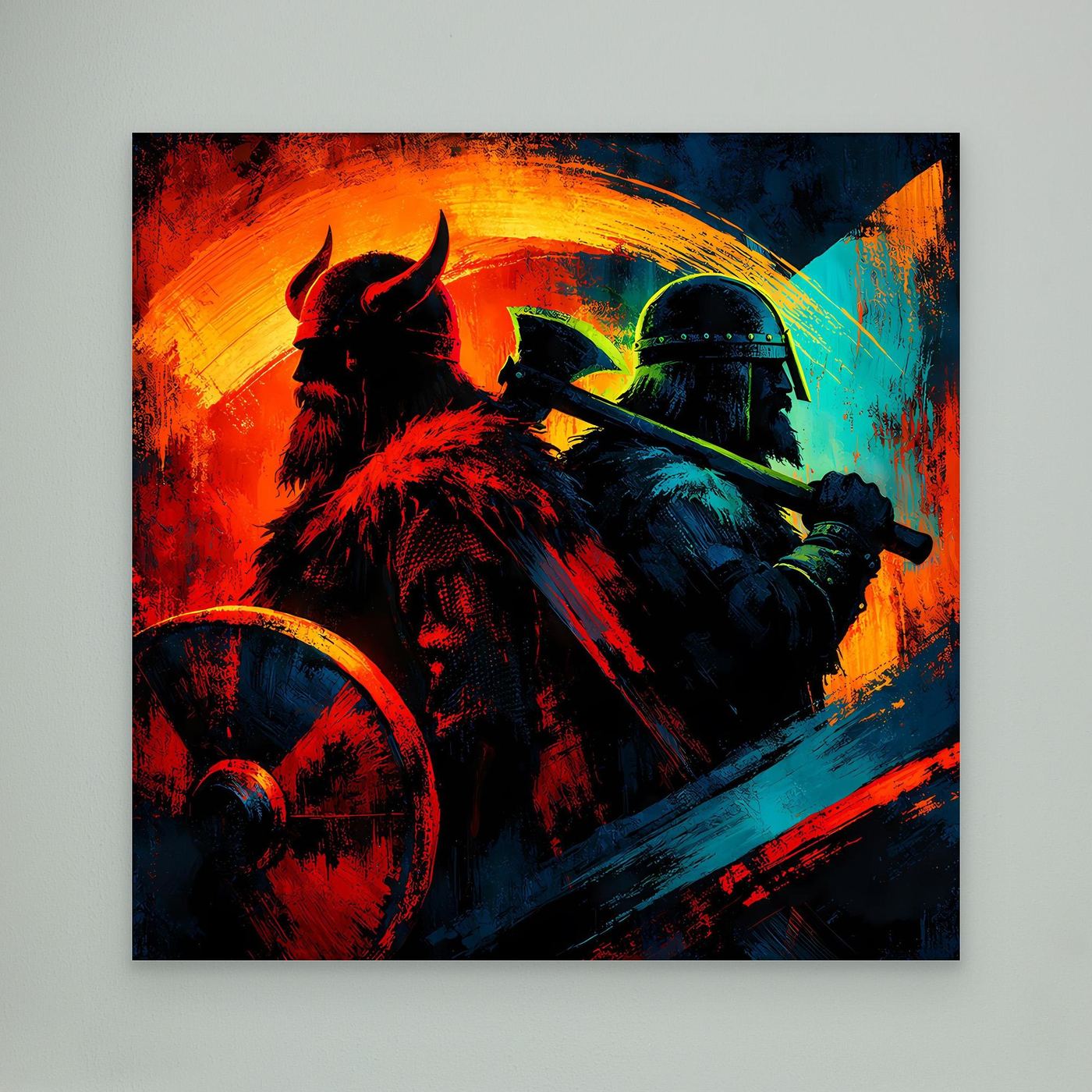 Leinwand-Wandbild mit Wikingerkrieger, Helm und Axt, farbige Darstellung mit Schildbogen