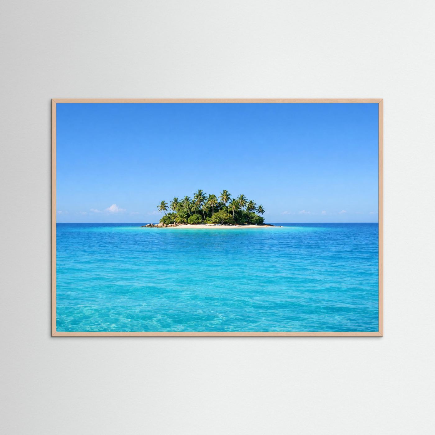Panorama-Poster im roséfarbenen Rahmen: tropische Insel mit Palmen im türkisblauen Meer