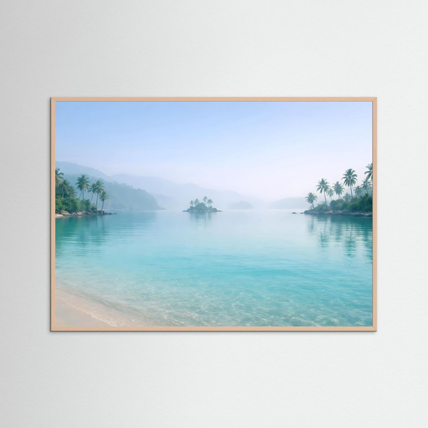 Tropisches Inselparadies im Nebel | Strand & Palmen Wandbild Querformat