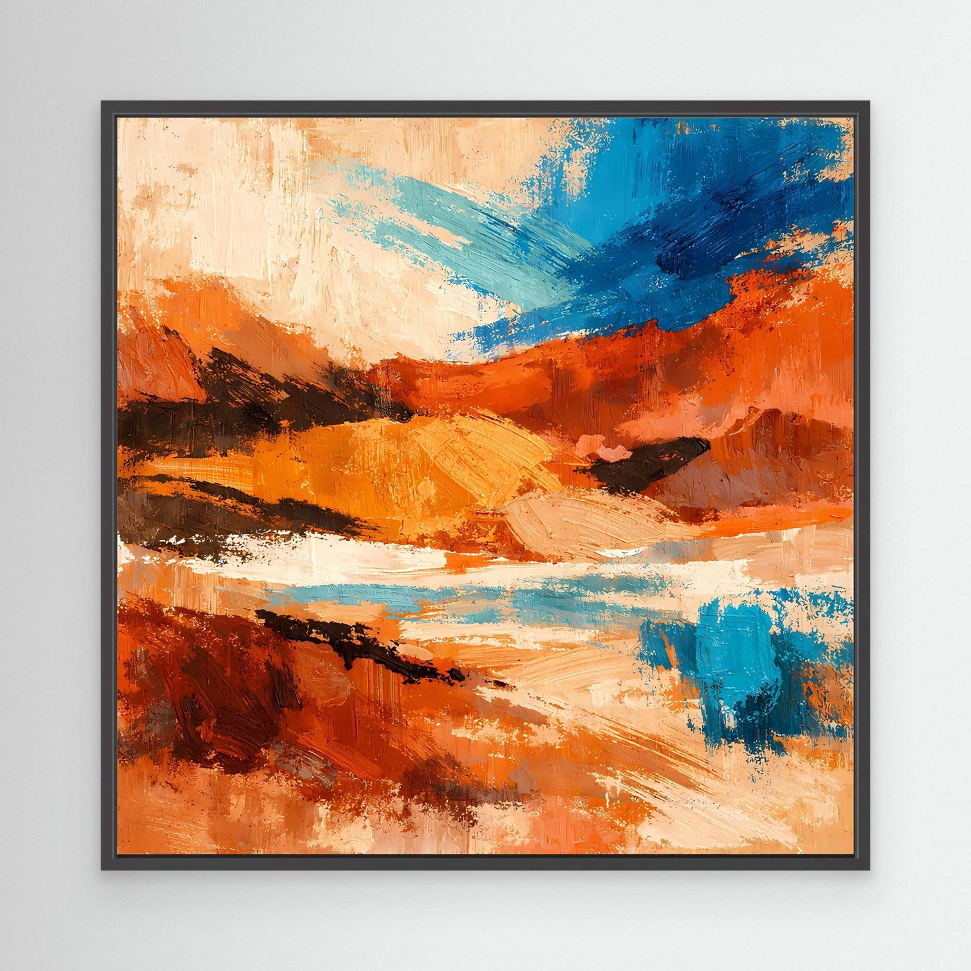 Gerahmtes Leinwandbild mit abstrakten Pinselstrichen in Orange und Blau, schwarzer Rahmen