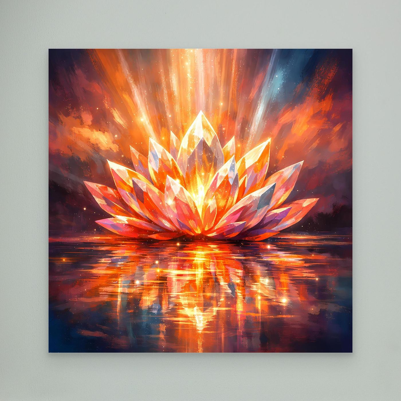 Leinwandbild mit leuchtender Lotusblüte, orange-blaue Strahlen und Spiegelung im Wasser