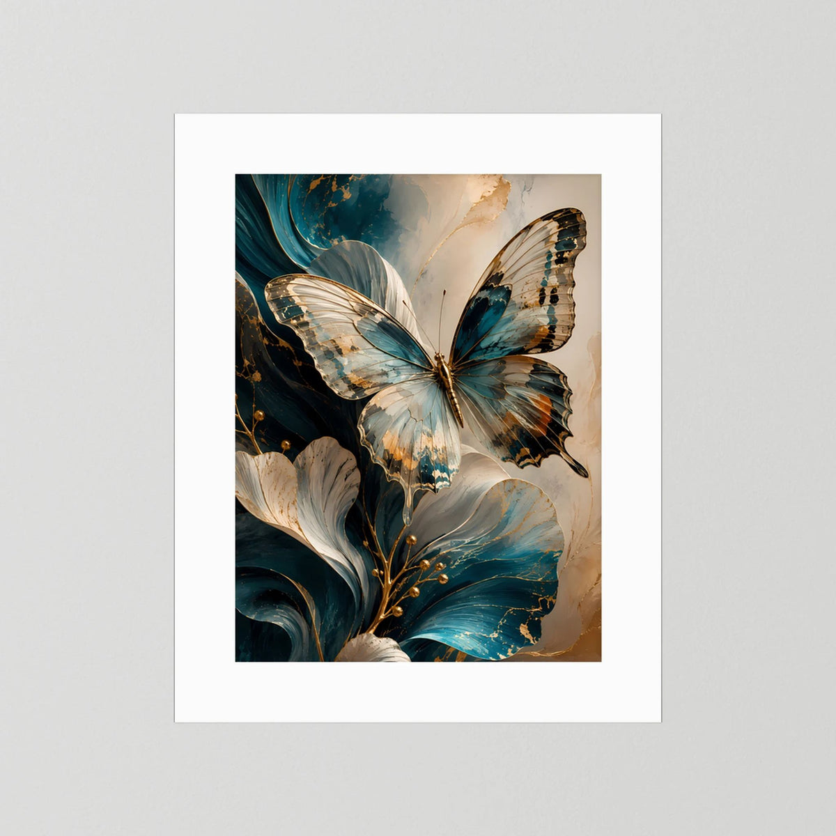 Eleganter Schmetterling in Petrol und Gold | Abstrakte florale Kunst | Poster Hochformat