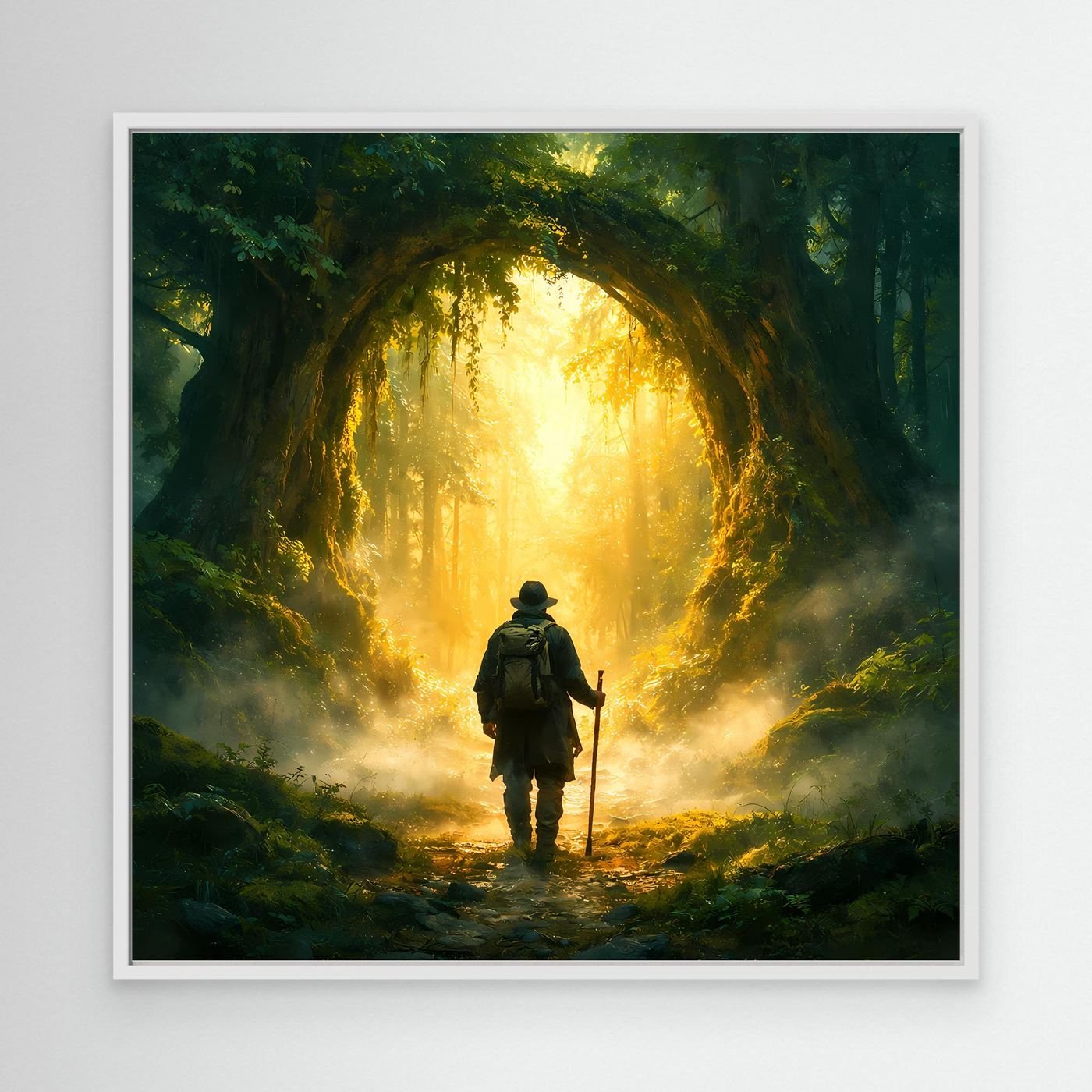 Leinwand Mystischer Wanderer am Waldportal | Abstraktes Natur Zauberwald Wandbild