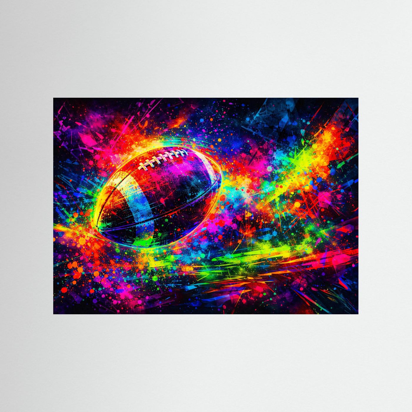 Neon-Sportposter mit Fußball-Motiv und bunten Farbspritzern im Querformat
