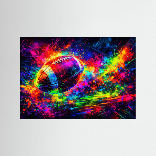 Neon-Sportposter mit Fußball-Motiv und bunten Farbspritzern im Querformat