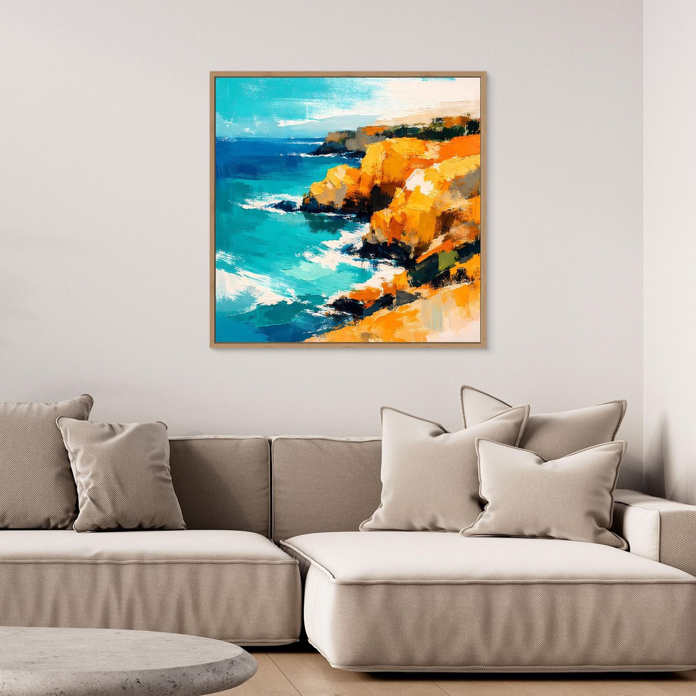 Leinwand Abstraktes Steilküsten Gemälde | Modernes Mediterranes Meeres Wandbild Blau Gelb