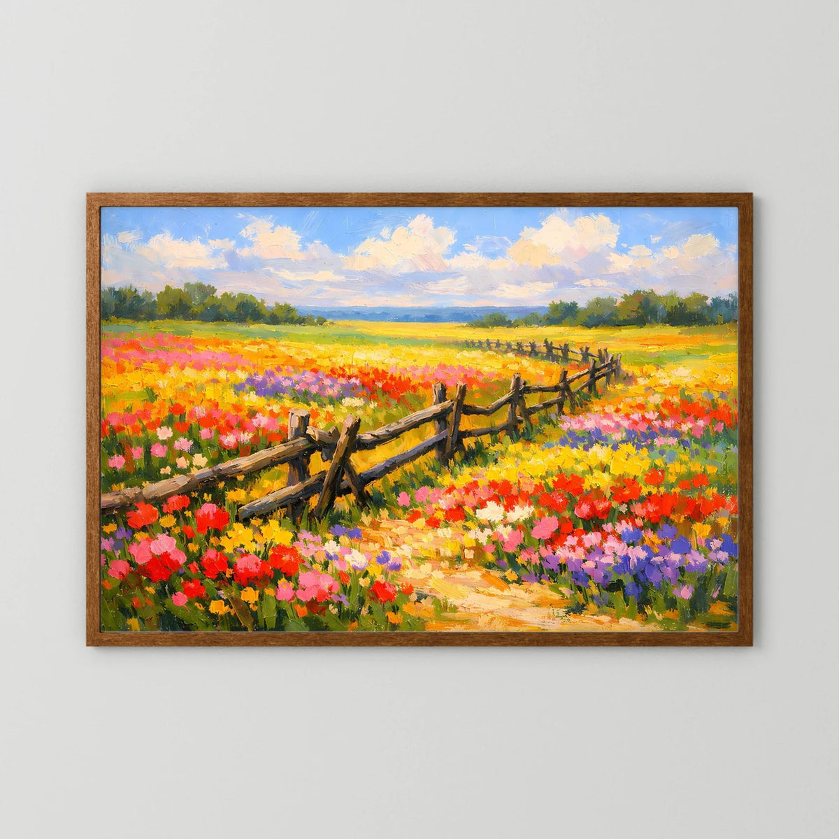 Wandbild im Querformat mit braunem Holzrahmen: bunte Blumenwiese und Zaun