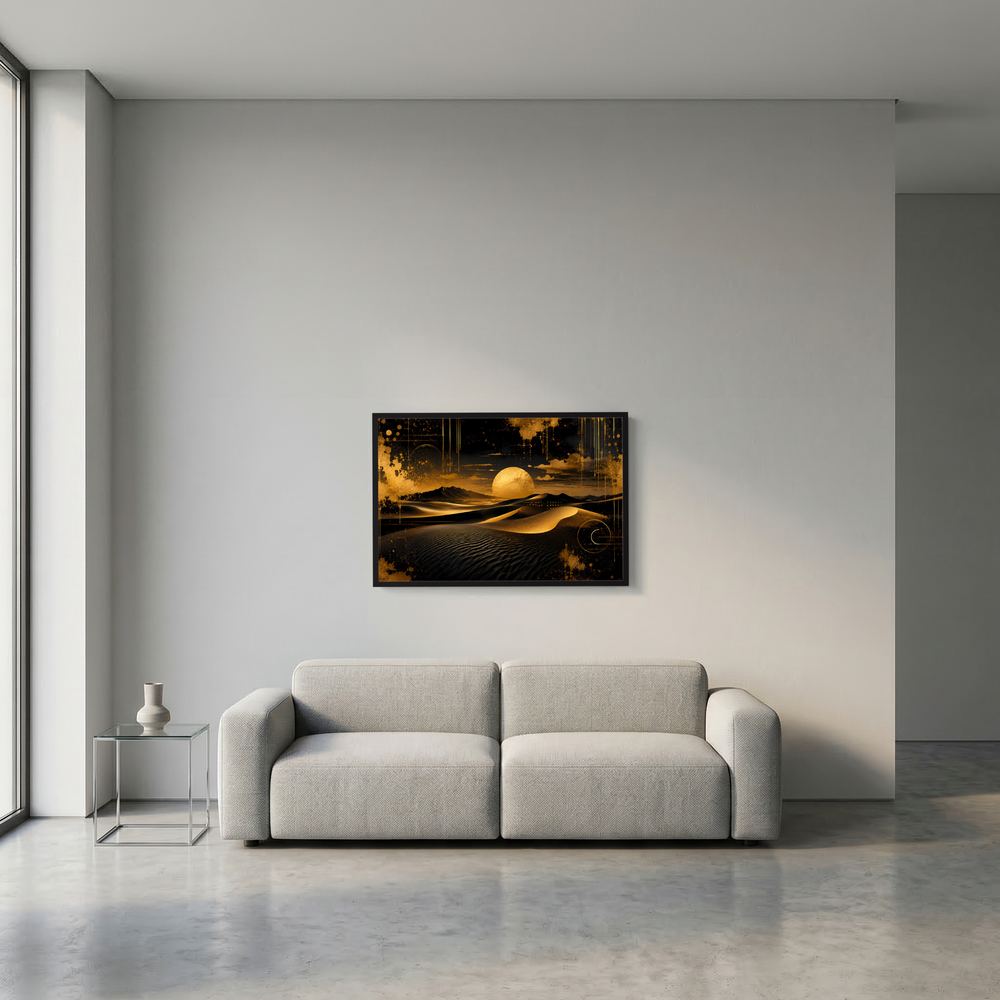 Kleines Poster im Querformat mit abstrakter Dünenlandschaft in Schwarz und Gold, schwarzer Rand