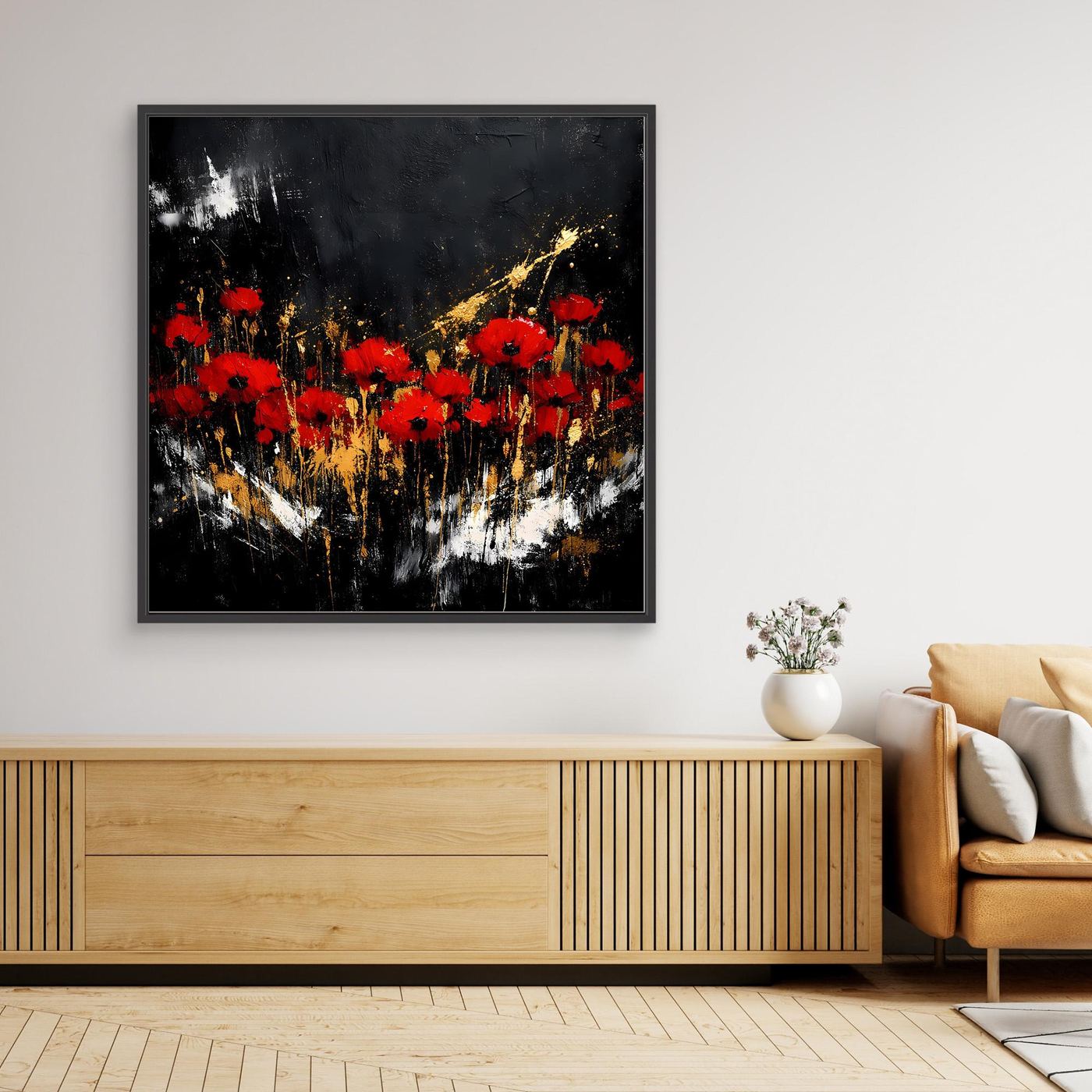 Leinwand Rote Mohnblumen mit Gold-Akzenten | Modernes Florales Wandbild Abstrakt