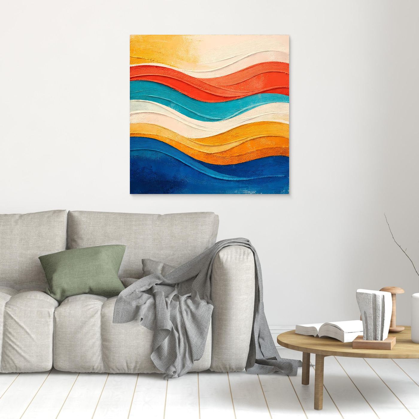 Abstraktes Leinwand-Wandbild mit wellenförmigem Relief, kleiner Rahmen kaum sichtbar