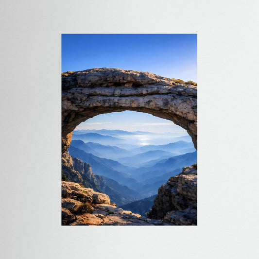Wandposter mit Felsbogenmotiv und Bergpanorama, Hochformat