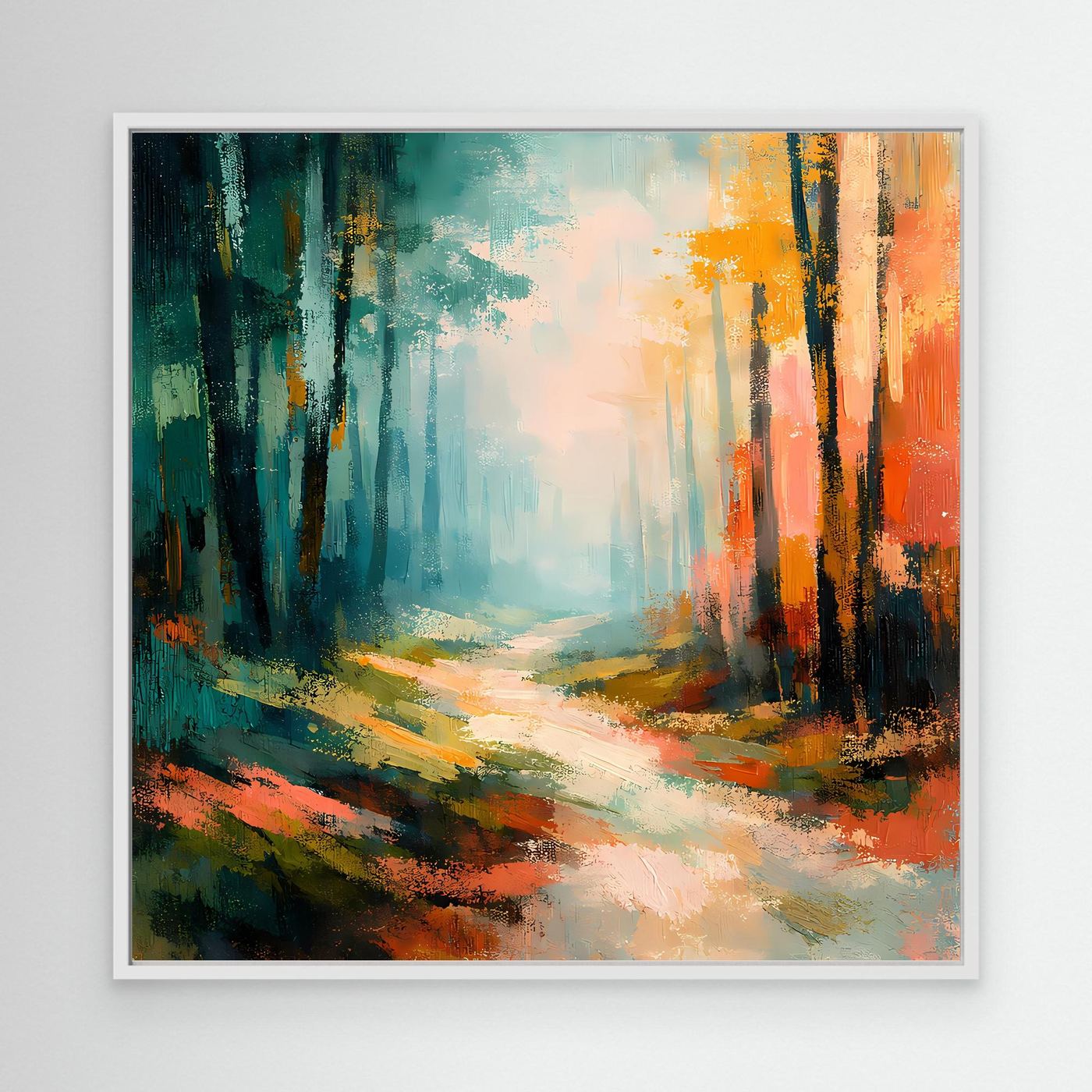 Abstraktes Leinwand-Wandbild Waldweg in Blau-Grün und Orange, mit weißem Rahmen