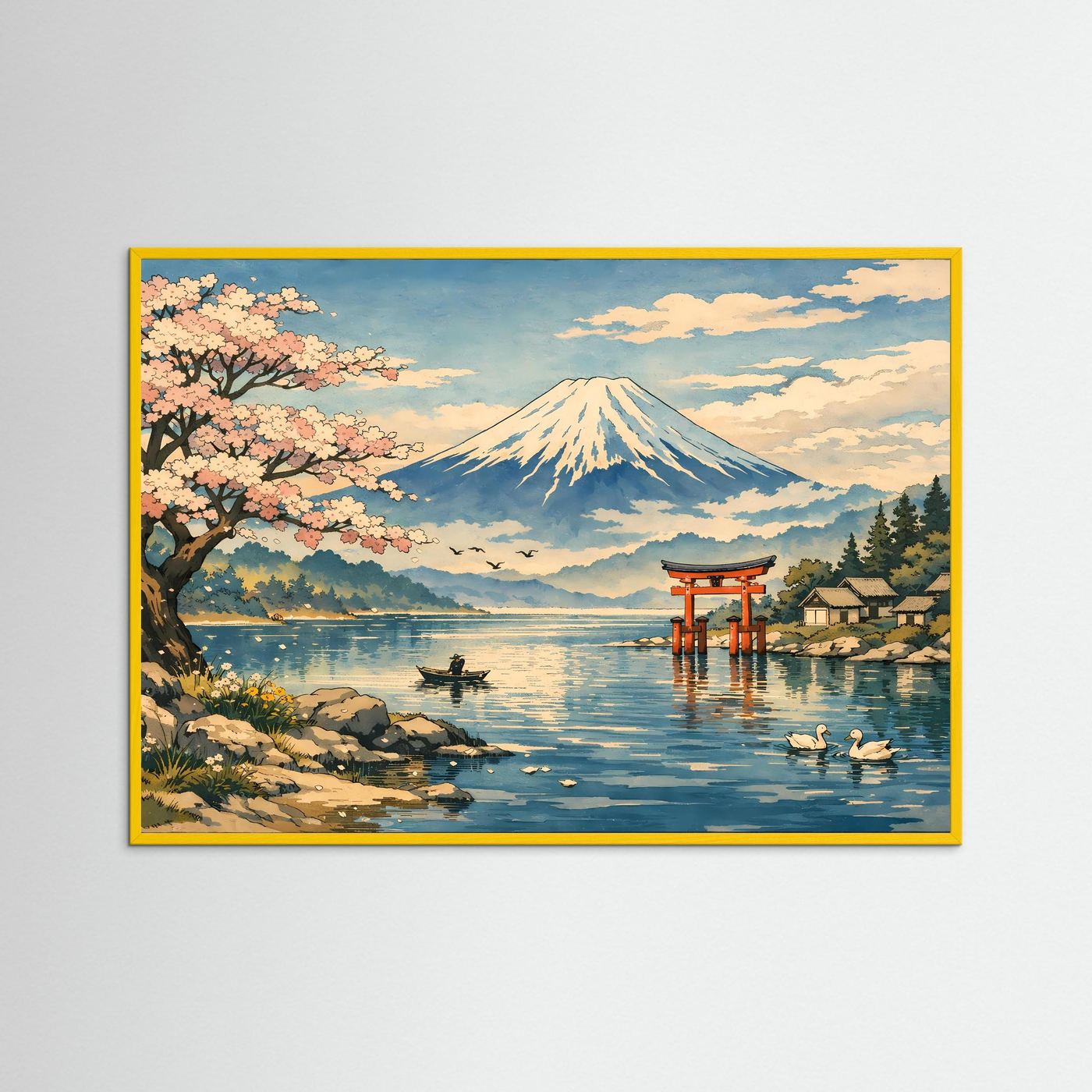 Japanisches Wandbild: Berg Fuji am See, Kirschblüten, Torii, goldfarbener Rahmen