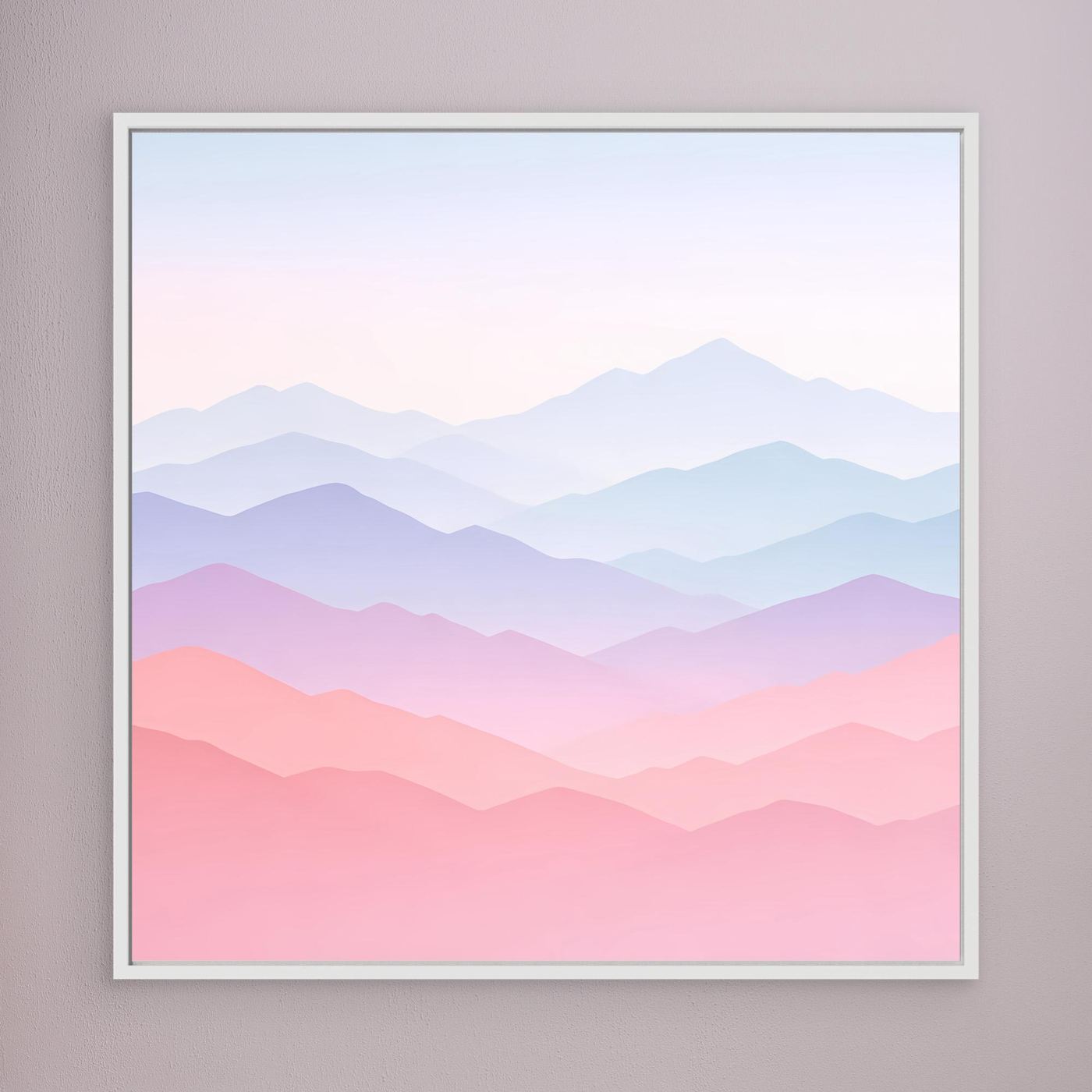 Leinwandbild mit weißem Rahmen, Berge in Pastellfarben Rosa und Blau