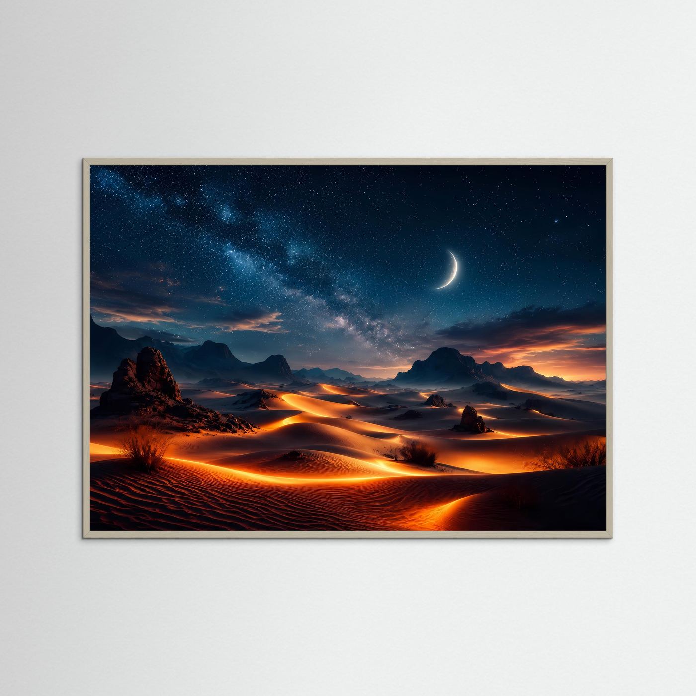 Wüstenlandschaft Poster Querformat | Sternenhimmel über Sanddünen | Magische Nacht Wüsten Wandkunst