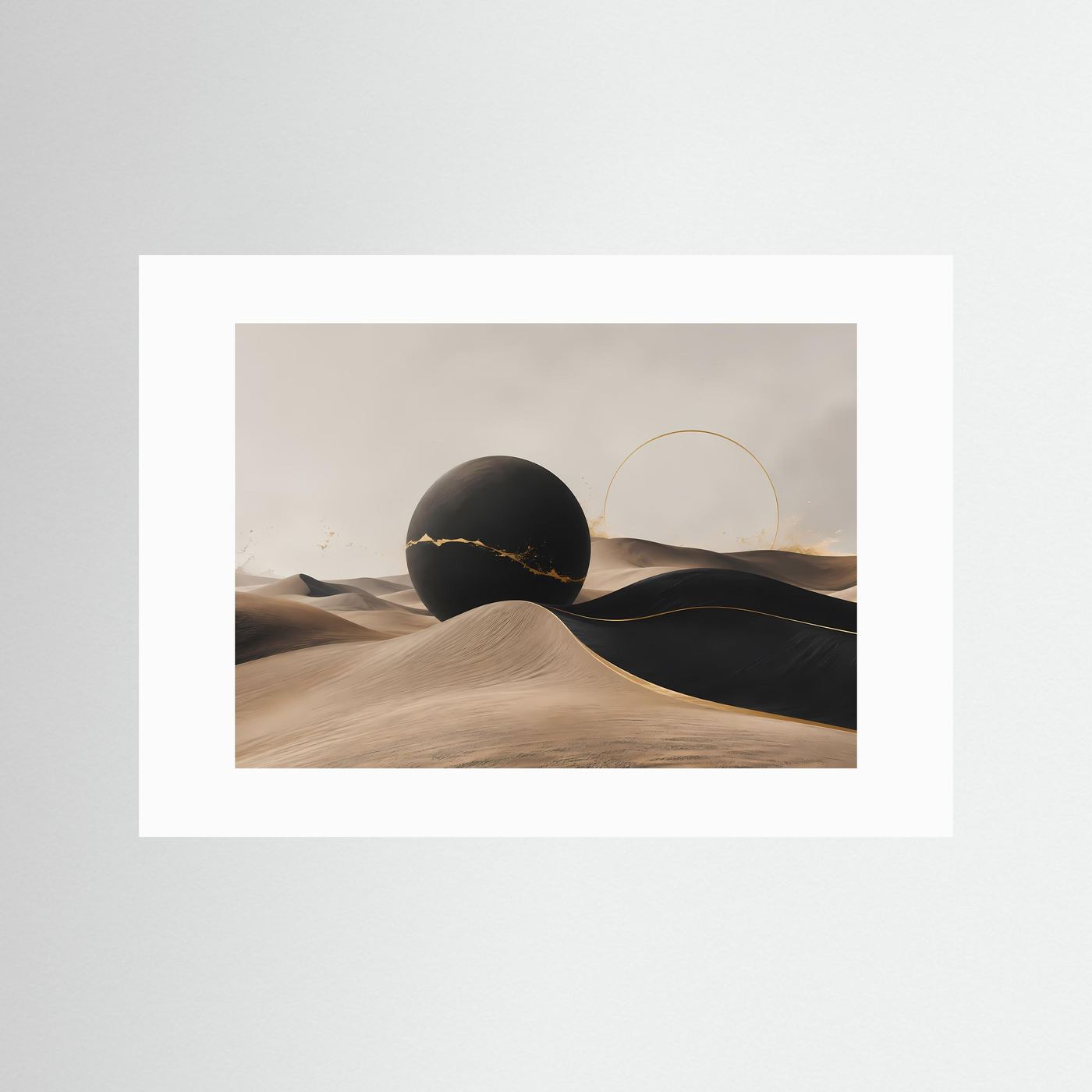 Minimalistische Wüstenlandschaft in Schwarz & Beige | Abstrakte Kunst mit Gold