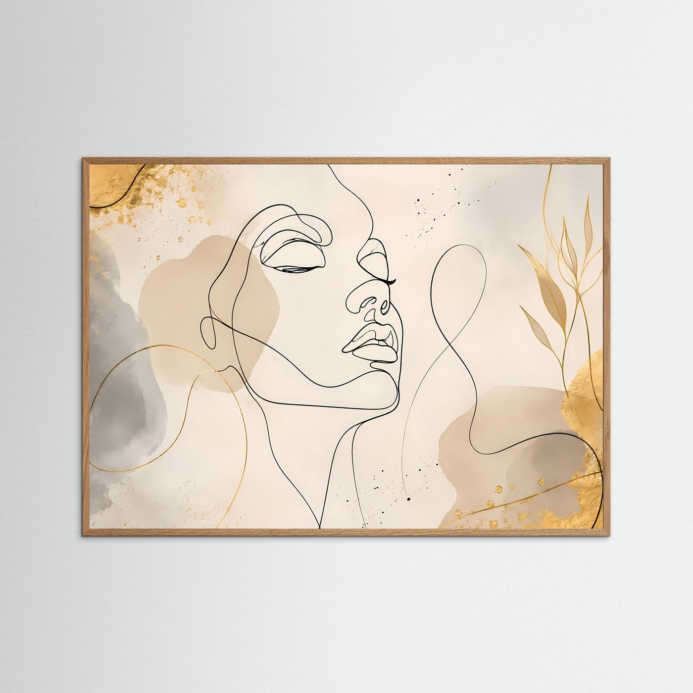 Minimalistisches One Line Face Poster Beige Gold | Moderne Line Art Wandkunst Gesicht Querformat
