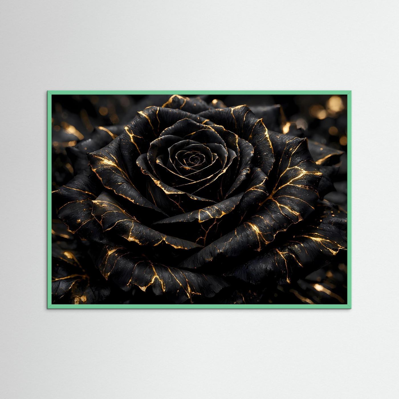 Wandbild mit schwarzer Rose und goldenen Adern, grüner Rahmenumrandung