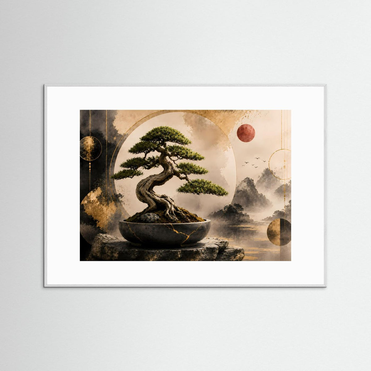 Gerahmtes Poster mit Bonsai-Baum in Schwarz und Gold, rundes Motiv, Steinbasis, grauer Rahmen.