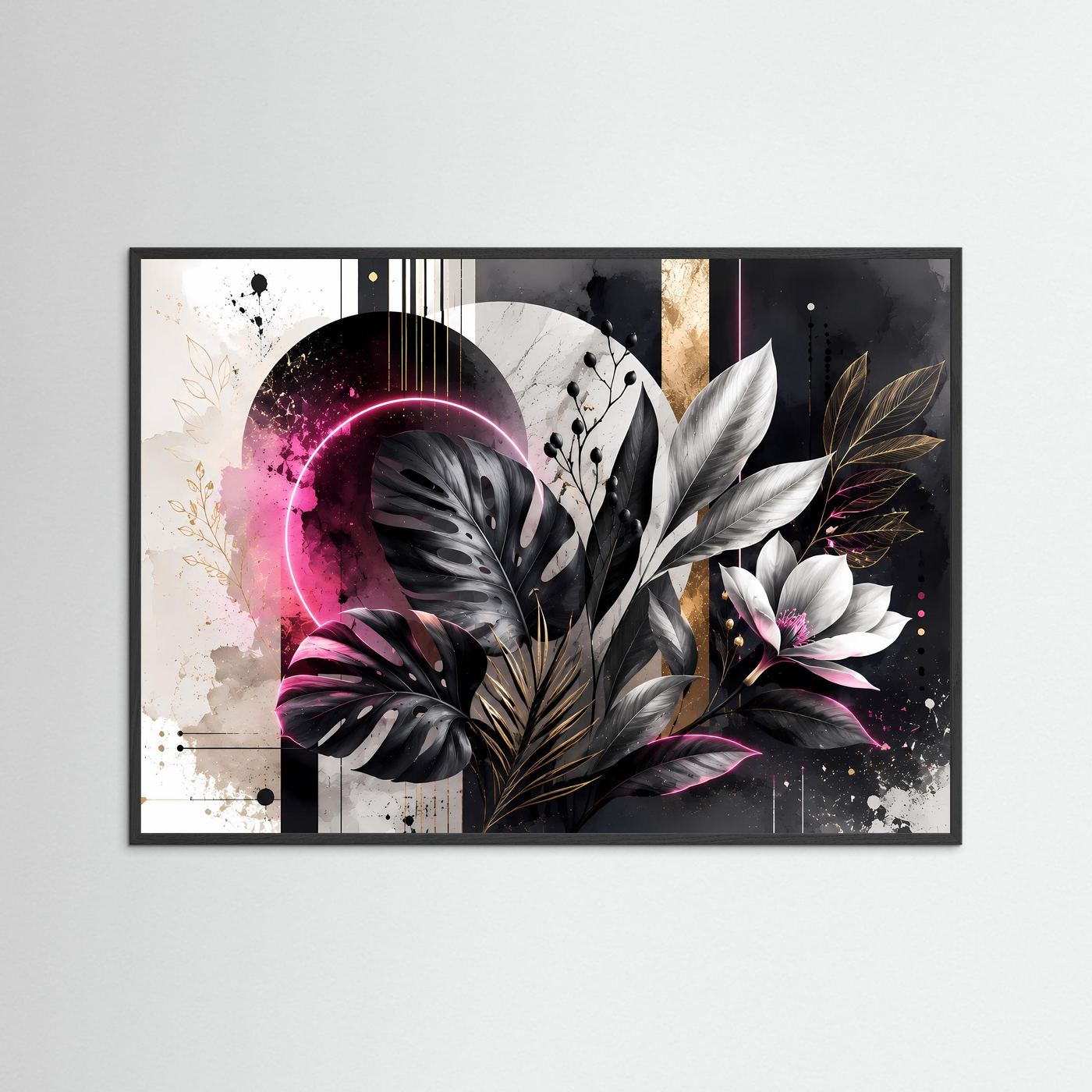 Abstrakte Botanik in Schwarz, Weiß & Pink | Monstera mit Neon & Gold – Moderne Wandkunst