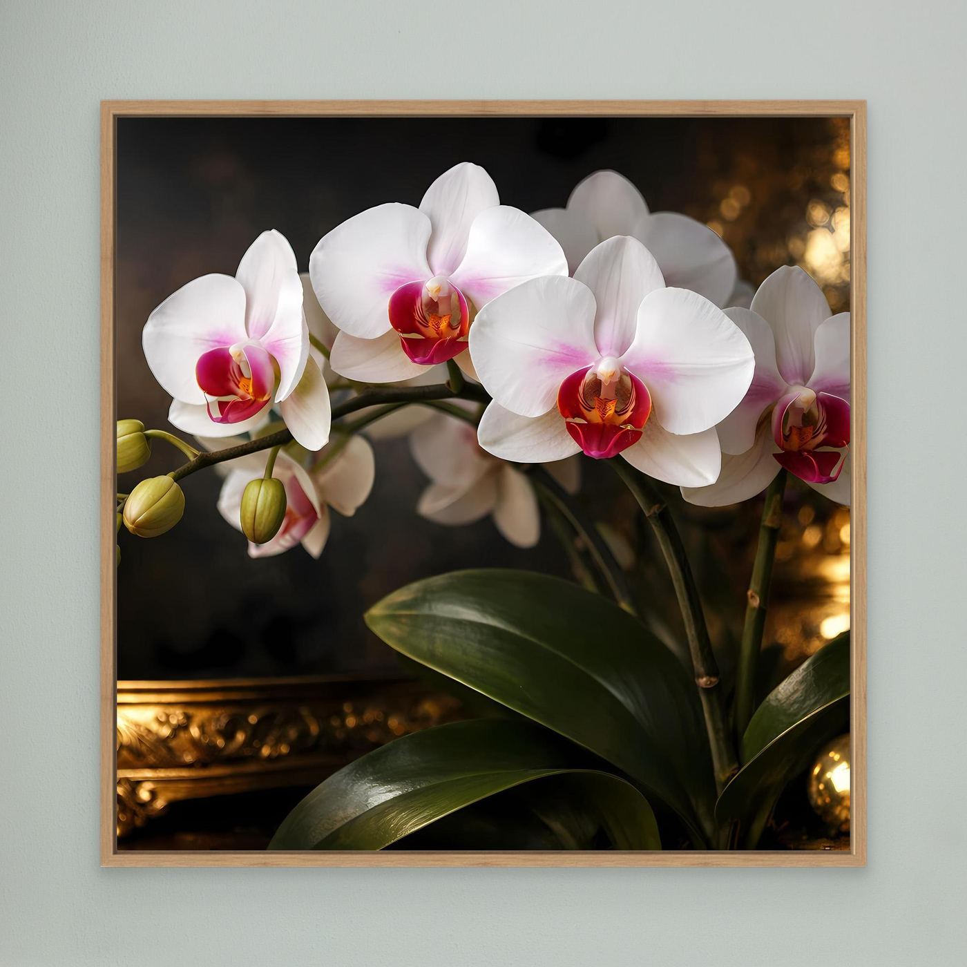Leinwandbild mit weißen Orchideenblüten, rosa Akzenten, grünen Blättern und Knospen; Eichenrahmen