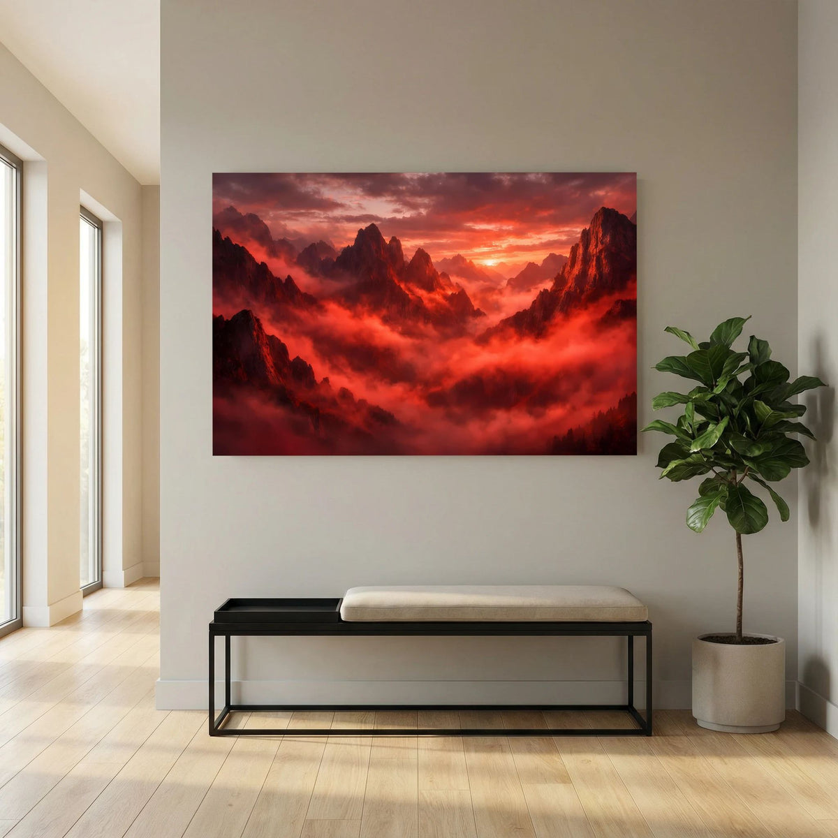 Wandbild im Querformat mit roten Bergsilhouetten, Nebel und goldenem Sonnenuntergang