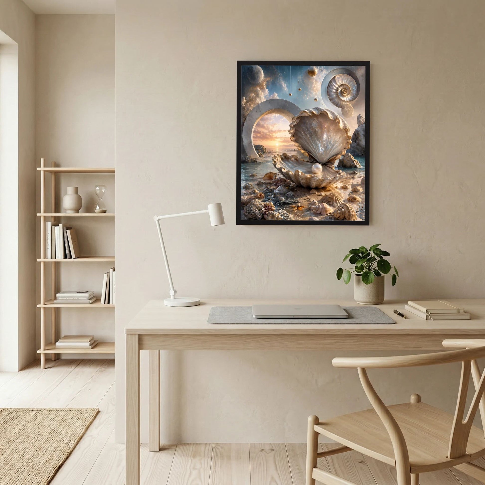 Hochformat-Wandposter mit Muschel und Perle in Creme und Gold, surrealer Ozean