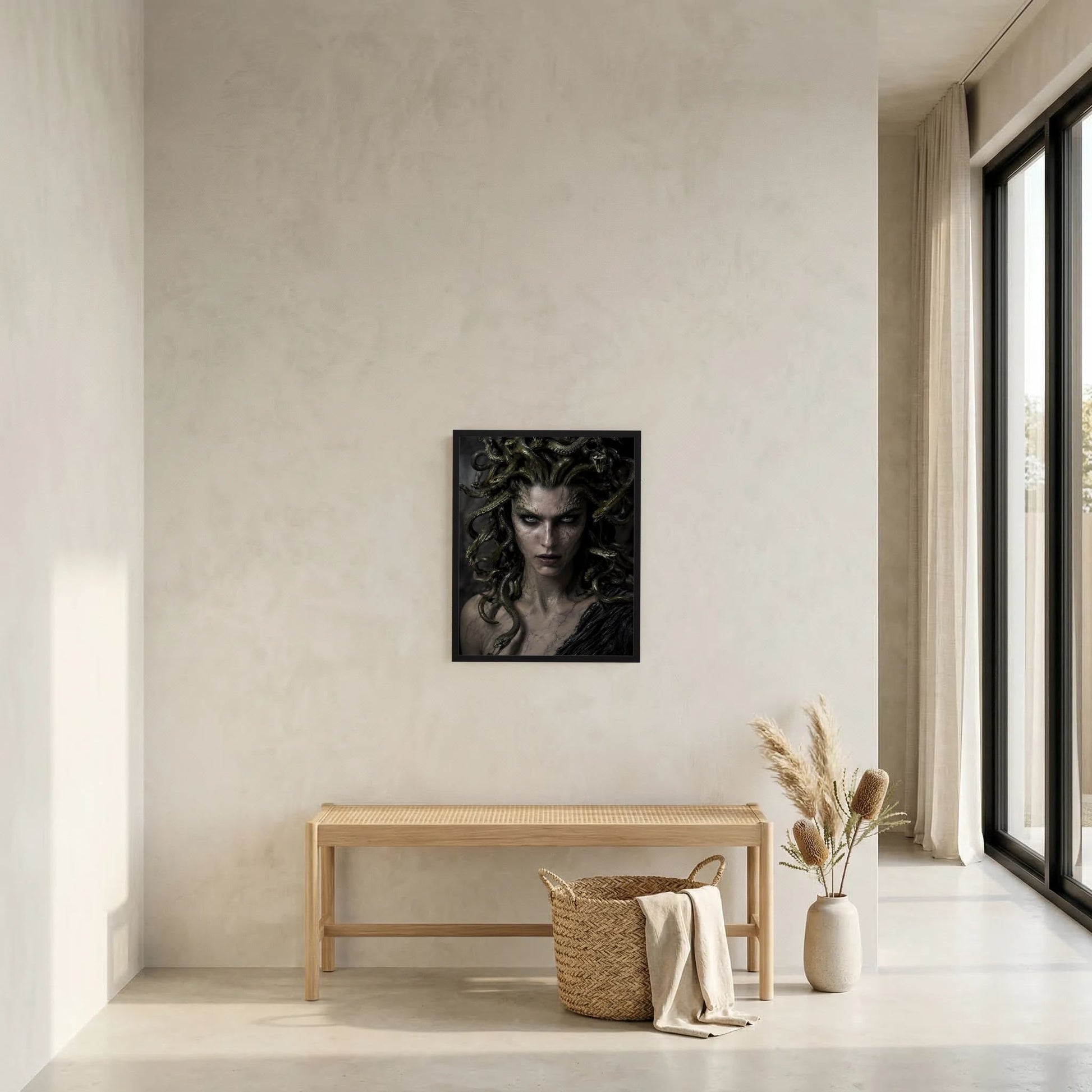 Gerahmtes Poster mit Medusa-Gesicht und grünen Schlangenhaaren an der Wand