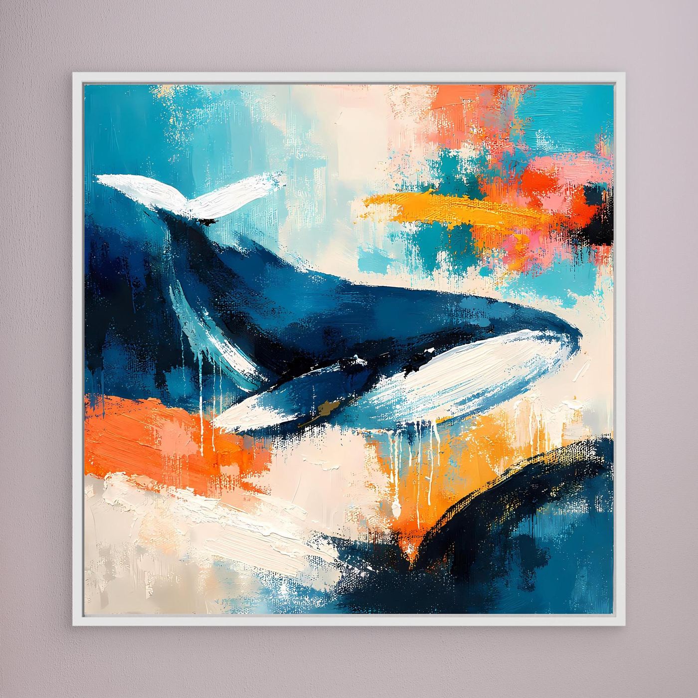 Leinwand-Wandbild: abstrakter Wal in Blau und Orange, weißer Rahmen